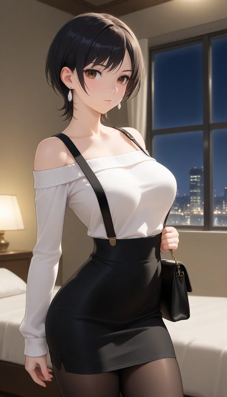 (masterpiece:1.2, Highest quality), (Realistic, photoRealistic:1.4), Beautiful illustrations, (Natural Side Lighting, Cinema Lighting), 
View your audience, Cowboy Shot, Front view, 1 girl, middle aged, Perfect Face, Beautiful symmetrical face, (Sunburn, Sunburn跡), 
(Bob Hair), (Missile Chest:0.6, Captivating thighs, Big Ass), Earrings, 
Beautiful Hair, Beautiful Face, Beautiful attention to detail, Beautiful clavicle, Beautiful body, Beautiful breasts, Beautiful thighs, Beautiful legs, Beautiful fingers, 
((Colorful long sleeve collared shirt, Navy Mini Skirt)), 
(Beautiful views), evening, River side, walk, (Cute Smile, Upward glance), 
