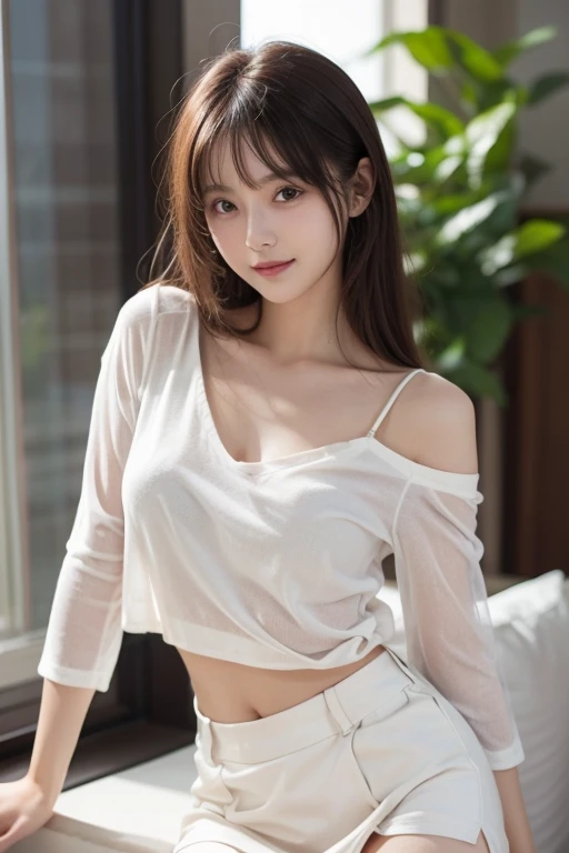 8K, Highest quality, masterpiece, Ultra-high resolution, (Realistic:1.4), whole body、RAW Photos, ((Long brown straight hair, See-through bangs))), Beautiful Details 1 Girl, (Realistic:1.4), High-resolution RAW color photos, Professional photos, Highly detailed eyes and face, Natural light, Facial details, White skin, Shiny skin, Tight waist, Small Ass, Thin legs,Natural Breasts, Nice body, cafeteria、((White oversized shirt、Ultra mini skirt ))、Young round face、Use both hands to spread your thighs outward、Beautiful toes、Spilling water on clothes