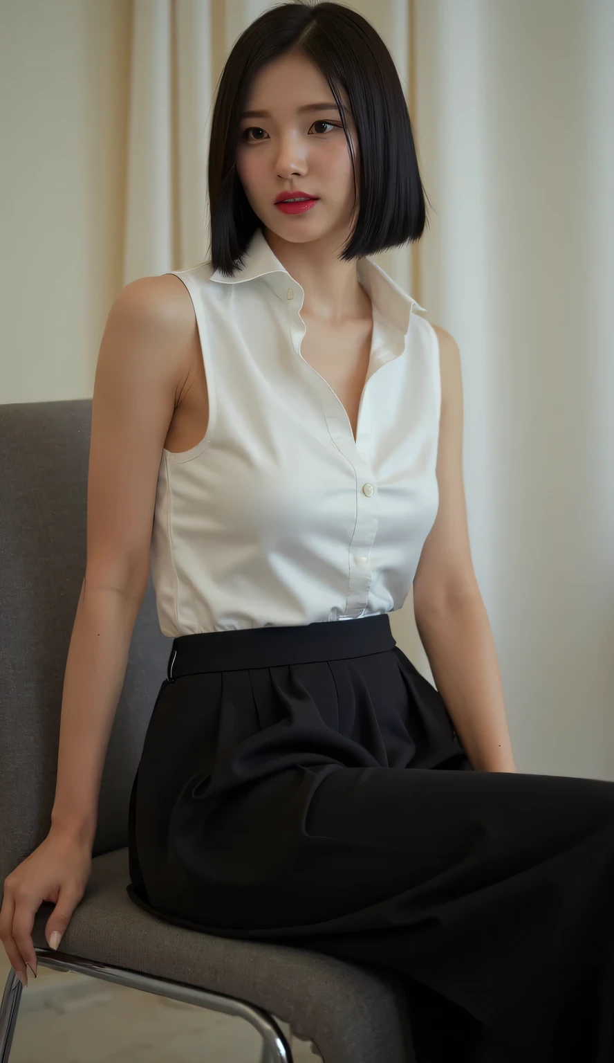 Kate Mara, sitting, walkin skirt, edwardiam, victorian, kate mara, woman, long skirt, short hair, long skirt, sleeveless shirt, white shirt, turtleneck shirt, (futuristic), (masterpiece), (realistic), (hyperrealistic)