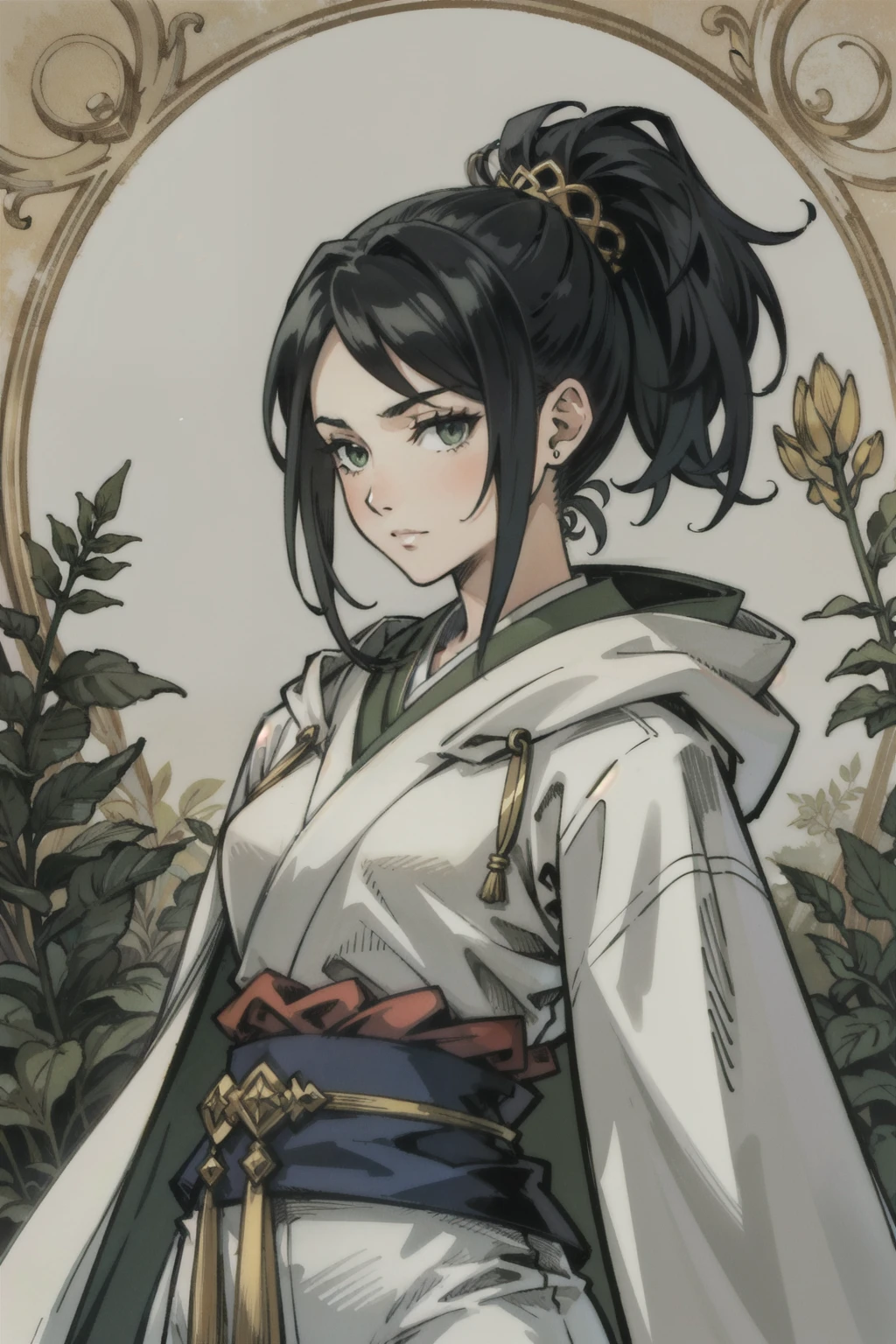 portrait of a woman, black hair, high long ponytail, white pants, green fantasy japanese-style clothing, hood, gold jewelry, dark forest background