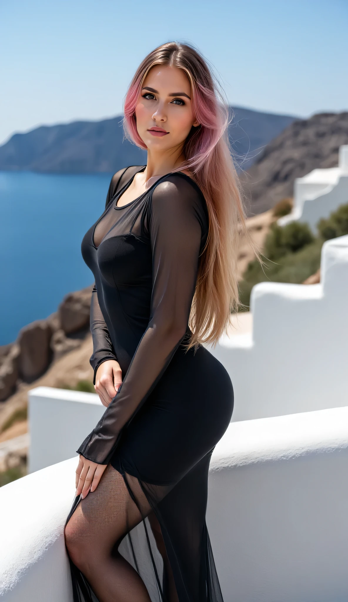 ((Aora69)) Greece.
Beautiful white and blue building, blue sea.(masterpiece,best Quality:1.4),(single focus,32k,High Resolution:1.2),BREAK,(full body shot:1.3),BREAK,Japanese, 23 office lady,(180cm:1.3),nine headed perfect body,brown waterful eyes,eyes light bright,BREAK,((Enormous Breasts)),(exposed full natural soft saggy big breasts:1.4),(big buttocks:1.4),BREAK,standing,BREAK,(sheer tulle long sleeves U-neck thin maxi tight bodycon:1.2), (Black transparent lace stockings:1.3),sheer shawl, (3d stereoscopic rendering:1.5, super ultra detail textures:1.4, complex parts:1.4, edge sharpening:1.4),side view,long hair styled in ash blonde with soft pastel pink highlights (blonde-pink balayage)