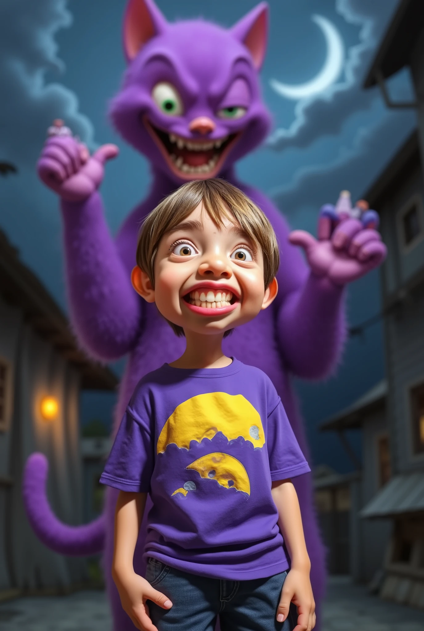 a cartoon caricature of a young boy wearing a purple t-shirt with a yellow half moon graphic design, under the moonlight, halloween night, portrait, exaggerated features with a large nose and big eyes. Masterpiece, Best Quality, Realistic, glowing, textures, 4K. (((Silhuette))) of Giant purple (Cat Monster) background.