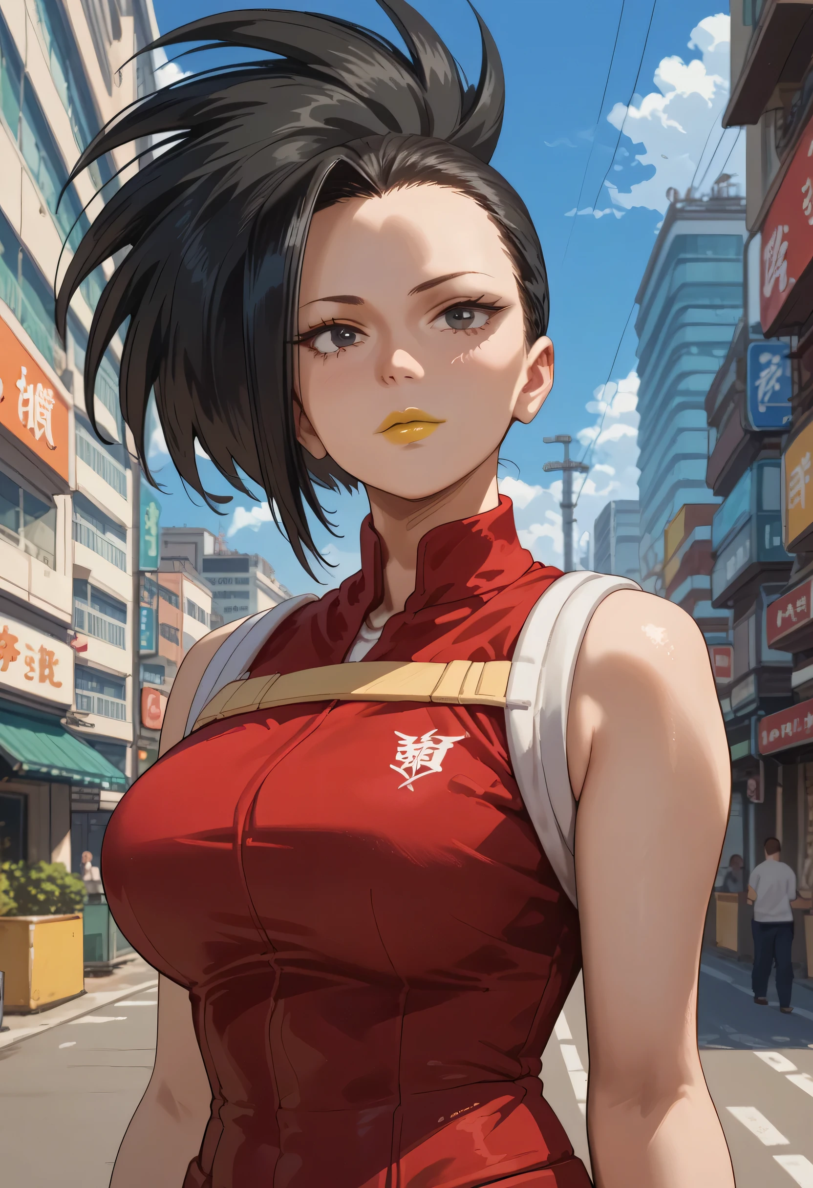 woman, black hair, city, big breasts, yellow lipstick, anime style, white skin, ponytail, red clothes, Momo Yaoyorozu 