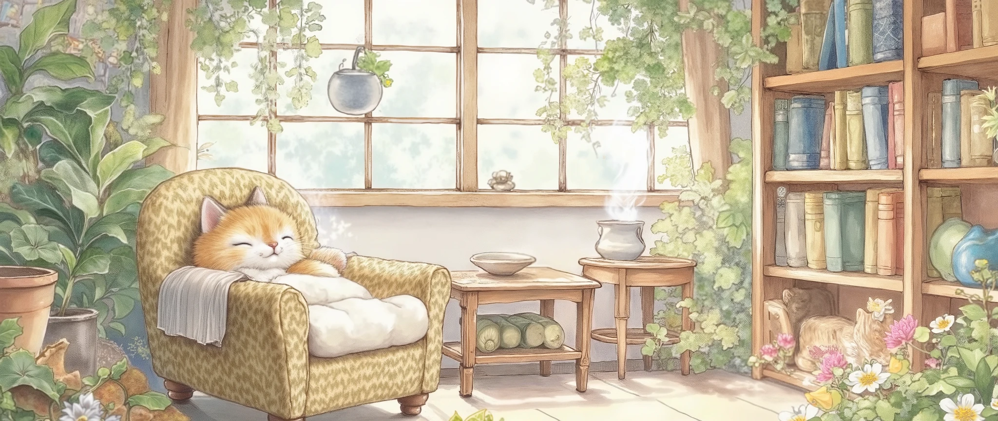 ( mascot character:2.0),( beautiful background:2.0),( minimalist:2.0),(Artistic Rendering),( Simple Design:2.0),(Japan),Cozy Cat Sanctuary Description: Picture a serene indoor setting where a fluffy cat lounges in a charming wicker chair, basking in the warm sunlight. The atmosphere is filled with greenery, thanks to potted plants hanging down and lush flowers spilling over nearby. A small wooden side table, adorned with a steaming cup, complements the cozy corner. Behind, an inviting bookshelf is crammed with various books, while light filters through large windows, creating a tranquil backdrop. This space invites relaxation and offers a perfect retreat for a lazy afternoon. Cozy ,sleep