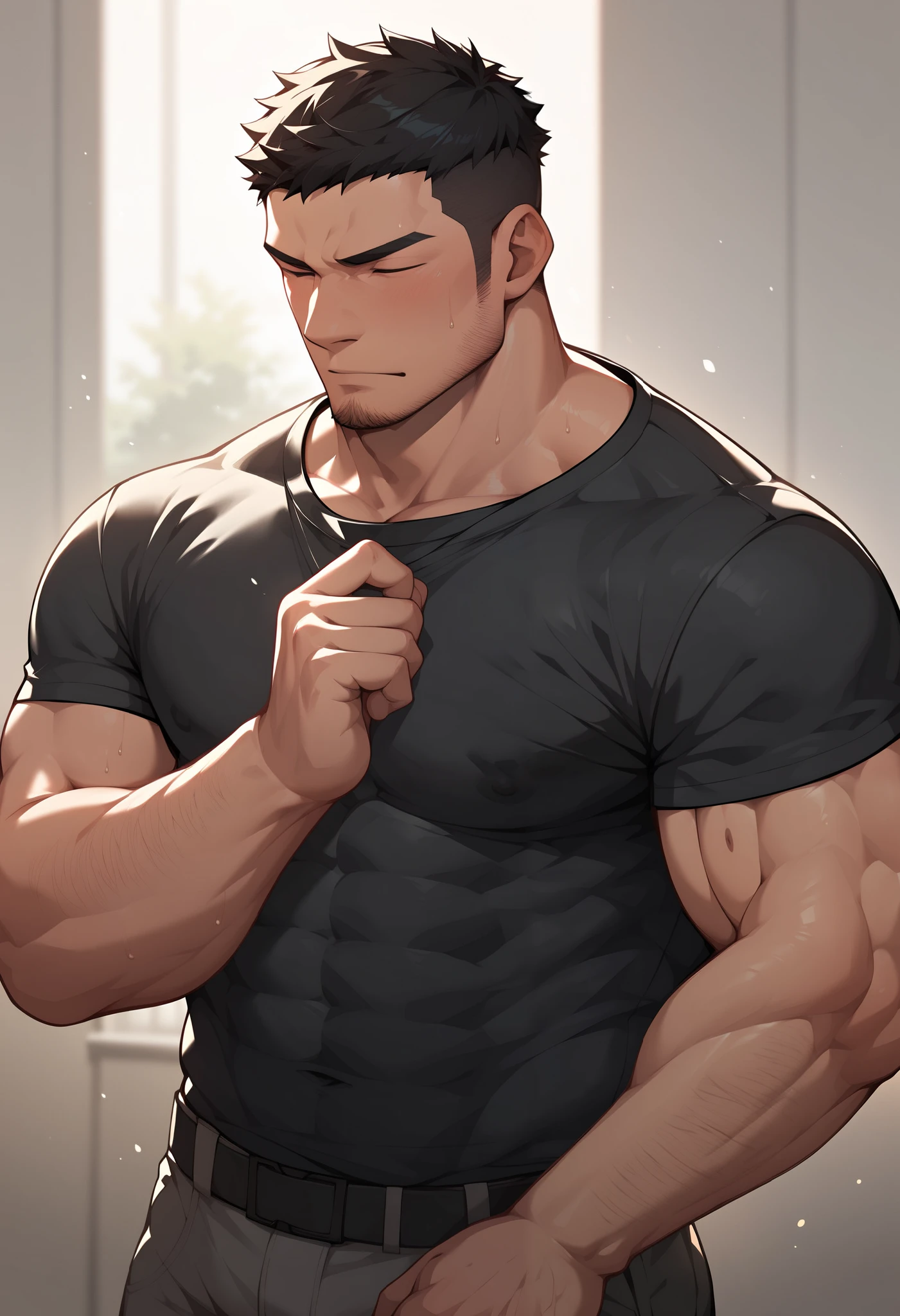 military, muscle, Japanese male, short hair, black hair, slightly hairy, black shirt,