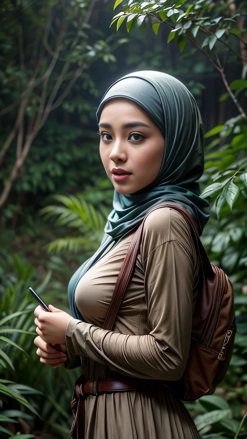 RAW, Best quality, high resolution, masterpiece: 1.3), beautiful Malay woman in hijab (iu:0.8),Best quality, high resolution, Masterpiece: 1.3, Beautiful hijabi malay girl, Masterpiece, Soft smile, Realistic, 1girl, charming eyes, glowing eyes,parted lips, big breast, Beautiful adult woman in hijap, full-length, beautiful figure, aesthetics of the female body, savage from the islands, hunter of mysterious creatures, observing the creature, in ambush, studying the creature found, in ranger clothes, with a large backpack, detailed clothes, many pockets, many belts, everything is hung with gadgets, catches small mysterious creatures, hunts small creatures, mysterious forest, beautiful forest, nature surrounded by flowers, tender leaves and branches surrounded by fireflies (natural elements), (jungle theme), (leaves), (branches), (fireflies), (particle effects), etc.3D Octane rendering, ray tracing, super detailing viewer, closeup