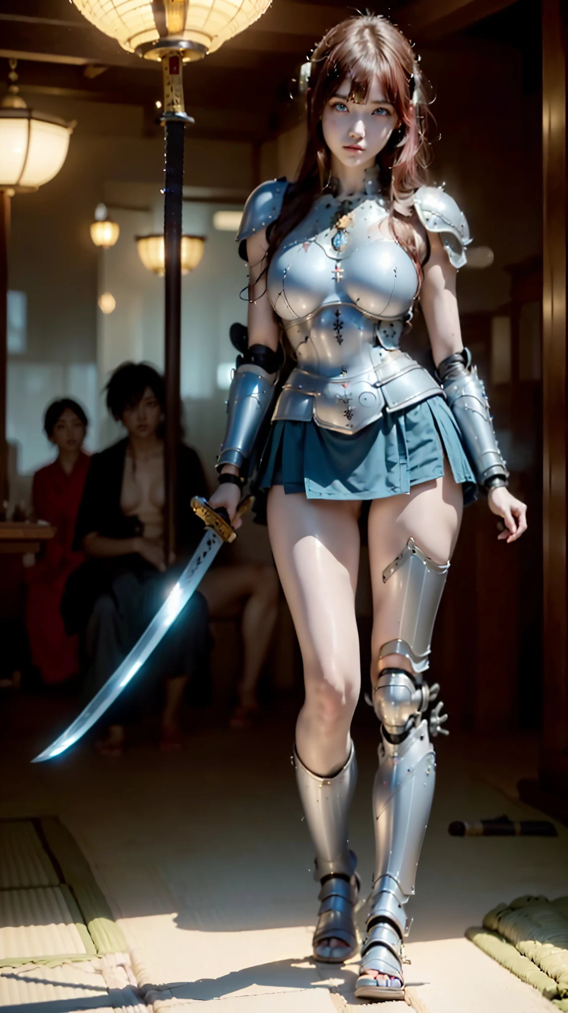 ( masterpiece :1.2,exceptional quality ,mirror finish ,  cinematic experience ,   best illustration  ),8k,16k,(wallpaper),(Robot Gladiator ),(Machi Magistrate Robot equipped with armor similar to samurai armor:2.0),( Machi Magistrate Robo :2.0) (samurai robot :2.0),(  the face of a demon-shaped machine  ), complex fluid , ,  ,ink painting:2.0,(  dynamic poses in a packed store ),(  hold a Japanese sword :2.0),(  The background is a futuristic steampunk Edo city :2.0),(Night Tour  :2.0),(  future retro of advanced vehicles :2.0),( Steampunk World View  :2.0),bleeding,Splash,(  black and white :2.0), body proportions, (Chapped lips:1.4), (blush de nariz:1.2), foreshortening, black cuts, (eye contact), High contrast, ultra high resolution, high resolution, detailed, Clean face,  ( Sexy face:1.5), ( big purple eyes :1.2), ( ultra detailed eyes :1.4), ( high resolution eyes :1.1), ( ultra detailed skin texture:1.4), PERSEPHONE, Persephone, Persephone, (SFW:1.5),  (full body:1.8), (upper body up:0.3), (hyper  realistic :1.4), ( realistic :1.3), (best quality real texture skin), Detailed eyes, detailed face, Detailed eyes, detailed face, PERSEPHONE, ((high resolution)), ((pale skin)), ((very pale skin)),