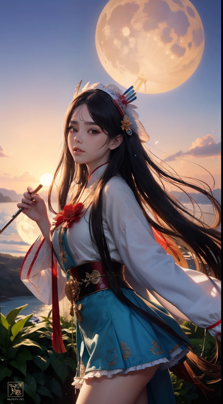 (8k, RAW photo:1.2), best quality, ultra high res,dramatic angle,(fluttered detailed color splashs), (illustration),(((1 Girl))),(long hair),(rain:0.9), (Headdress:1.4),There is an ancient palace near the young girl,Hanfu,(Key Points),Colorful ink painting,(Splashing colors),Splashing colors,(((colorful))),(sketch:0.8) , Masterpiece, best quality, beautiful painted, highly detailed,(denoising:0.6),[splash ink],((ink refraction)), (beautiful detailed sky),moon,highly,detaild,(masterpiece, best quality, extremely detailed）  CG Unity 8k Wallpaper ， masterpiece， best quality， super detailed），（Lycoris），