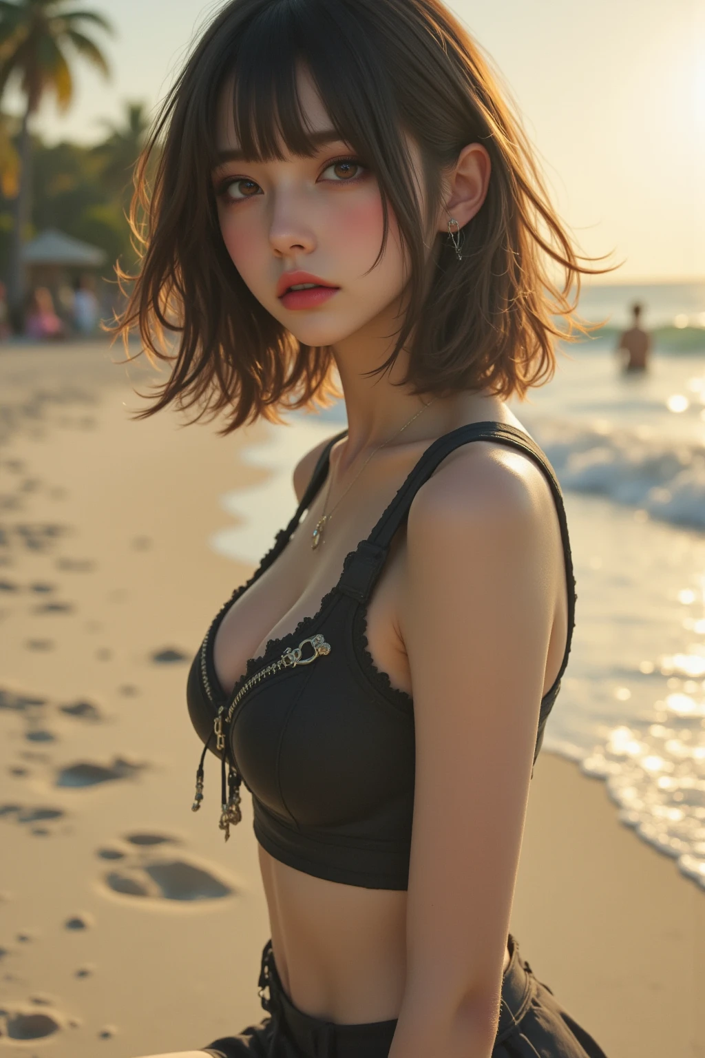 Araped woman with short hair and rash guard, board shorts, curtain bangs, No makeup, wavy hair, Madison Beer, without makeup, 중앙에서 분리된 curtain bangs, Profile picture, Use Instagram Filters, Subtle soft and dim light, Pose looking back at the beach, sandy beach, tide, perfect face, julia sardinian, perfect hands, Random Actions, coastline, clear sky,