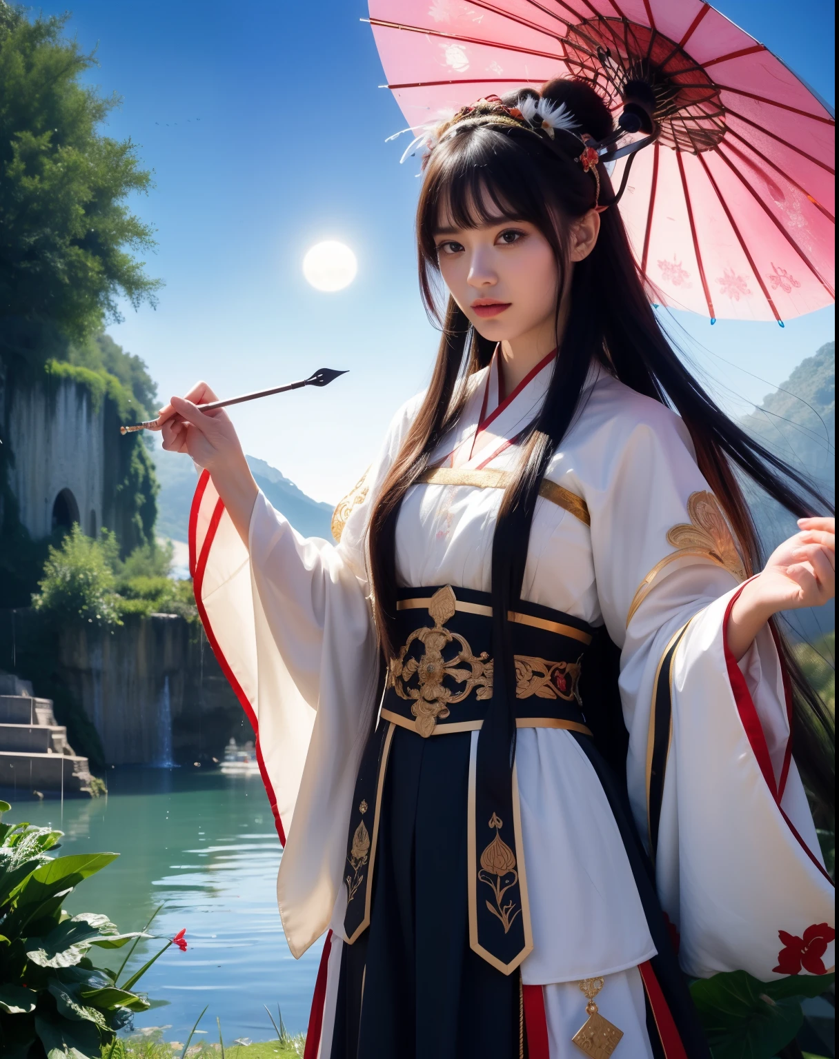 (8k, RAW photo:1.2), best quality, ultra high res,dramatic angle,(fluttered detailed color splashs), (illustration),(((1 Girl))),(long hair),(rain:0.9), (Headdress:1.4),There is an ancient palace near the young girl,Hanfu,(Key Points),Colorful ink painting,(Splashing colors),Splashing colors,(((colorful))),(sketch:0.8) , Masterpiece, best quality, beautiful painted, highly detailed,(denoising:0.6),[splash ink],((ink refraction)), (beautiful detailed sky),moon,highly,detaild,(masterpiece, best quality, extremely detailed）  CG Unity 8k Wallpaper ， masterpiece， best quality， super detailed），（Lycoris），