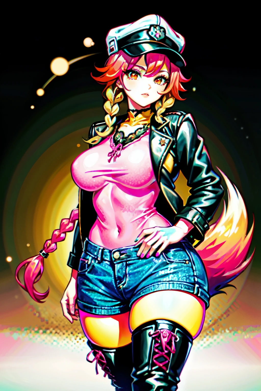 (best quality:2.0), (crisp:2.0), (highres:2.0), (((a rich pink and yellow gradient wolf tail:2.0))), anime, full body:2.0, (single image), (solo beautiful lady:2.0), (masterpiece:2.0), (detailed face:2.0), (detailed eyes:1.4), ((denim shorts:2.0)), ((thick white pantyhose:2.0)), ((hunting purple cap:2.0)), ((hunting black jacket:2.0)), (sci-fi city background:1.8), (((alluring red eyes:2.0))), (((cowboy yellow and pink gradient braid hair:2.0))), ((lace-up thigh-high leather boots:1.4))