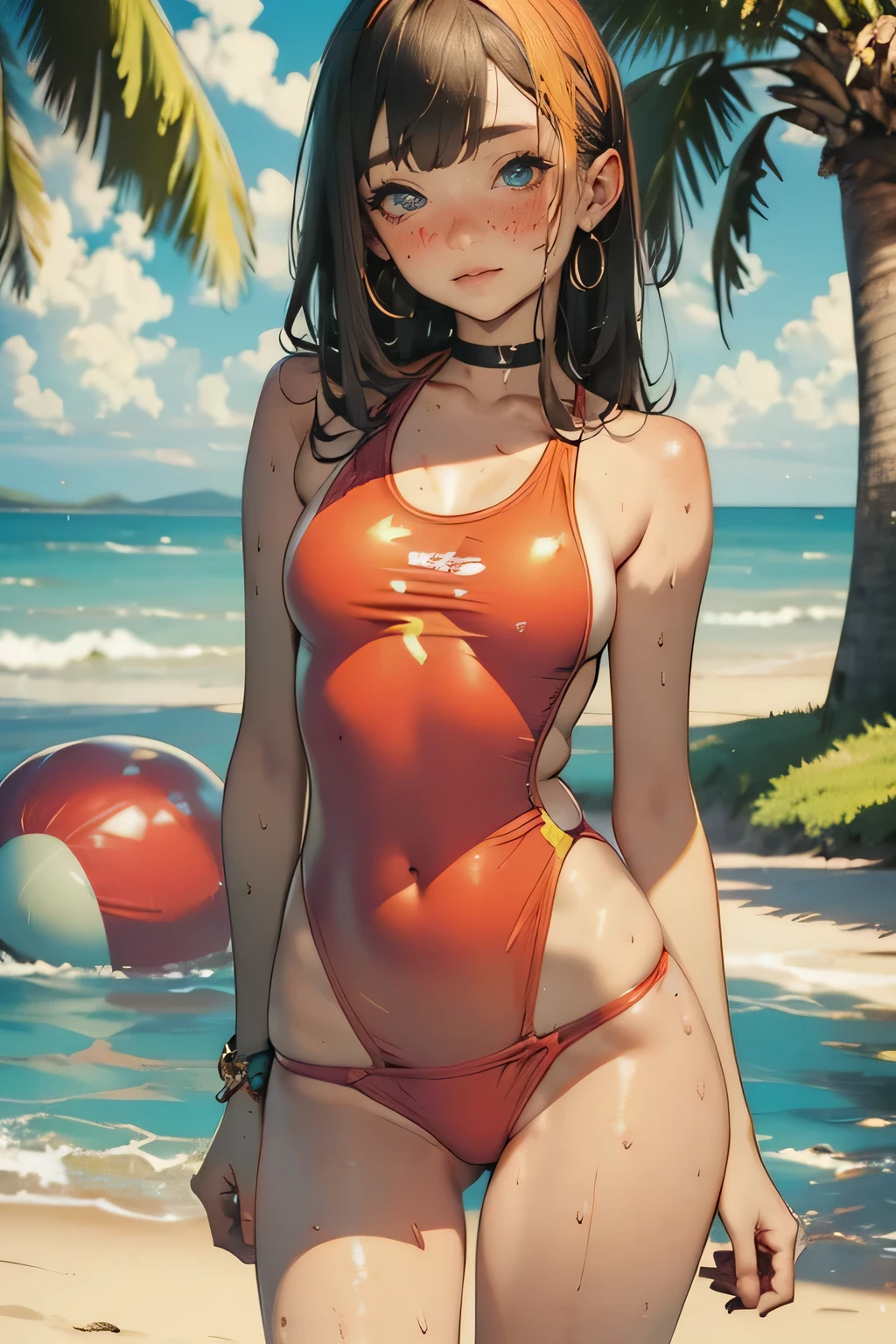 best quality , Anime Style Masterpiece , (Alone:1.1), t-shirt under your left eye , show off your flashy swimsuit , summer beach , laughs innocently, sensual, cute freckles , Roll up the small dot , sexy,Sweep sand off the floor with your hands , wet hair, sunburn,Reddish skin,