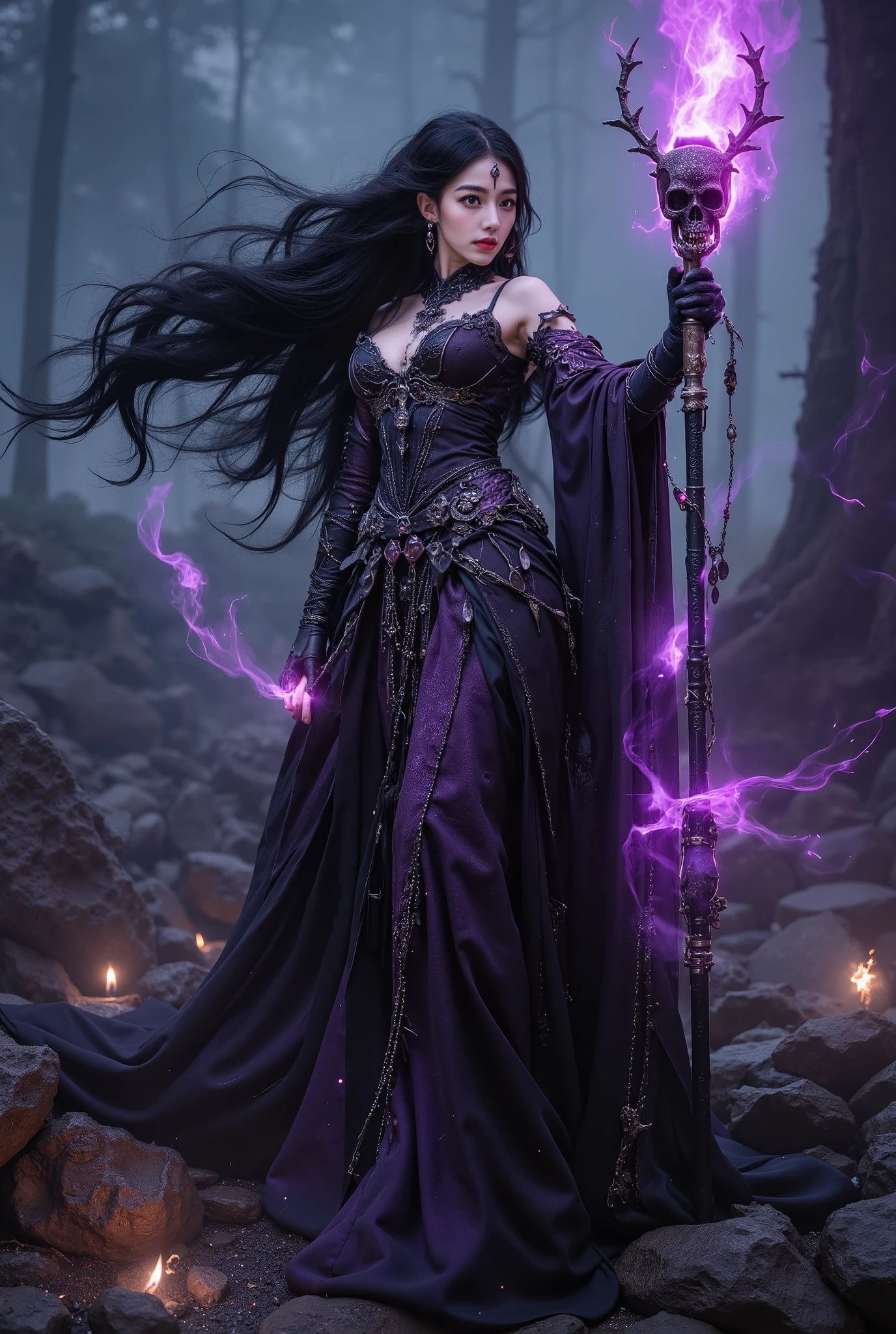 breathtaking cinematic photo 32yo beautiful Woman embodying an evil elven Sorceress , menacing and seductive expression, depicted in a sinister pose, her lithe form clad in a revealing dark purple and black armor with intricate spikes and jagged edges adorned with dark gems and enchanted jewelry. Her long, flowing black hair cascades wildly around her, her eyes glowing with malevolent power. She wields a dark staff topped with a skull and crowned by an ethereal purple flame, surrounded by swirling dark magic. Hyper detailed captured from a dramatic front view that emphasizes her menacing and seductive presence, photorealistic, dark, moody colors with deep purples blacks and reds, ultra-detailed, sharp focus, intricate details, highly detailed. Background of a dark stormy sky with jagged rocks, swirling mists, eerie arcane symbols faintly glowing on the ground. detailmaximizer mythp0rt . 35mm photograph, film, bokeh, professional, 4k, highly detailed . award-winning, professional, highly detailed