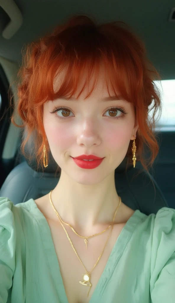 A young lady aged 16 yrs, with long red hair, wavy hair, with air bangs, tied up in a bun. She is in a bedroom, laying on her back, in the bed. She is wearing a red onesie. She has an hourglass figure. She is wearing gold earrings. Looking directly into the camera. She has fair skin, freckles, and braces, constricted pupils, parted lips, large breasts, perfect lips, perfect nose, cute face, baby face, Hyperrealism, cinematic lighting, jpeg artifacts, full body photo, bokeh, textured skin, UHD, best quality, masterpiece, high details