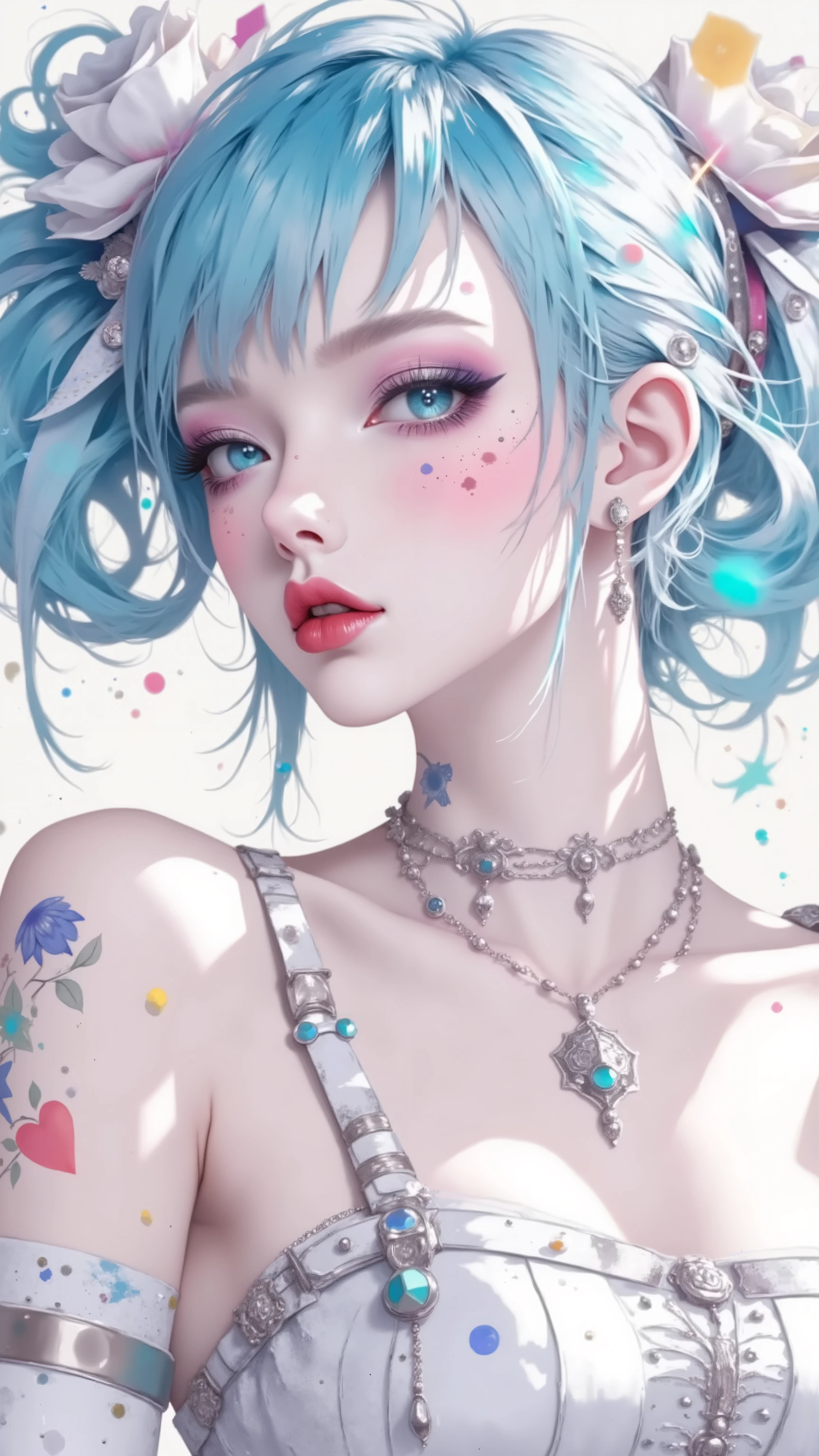 (masterpiece, highres, high resolution:1.2), anime 20 yo girl, hatsune miku from vocaloid, blue hair, blue eyes, portrait, shoulders up, illustration. drawn, blushing, solo, surprised, freckles, big lips, huge breasts, perfect body, wearing a tube top, no hands.