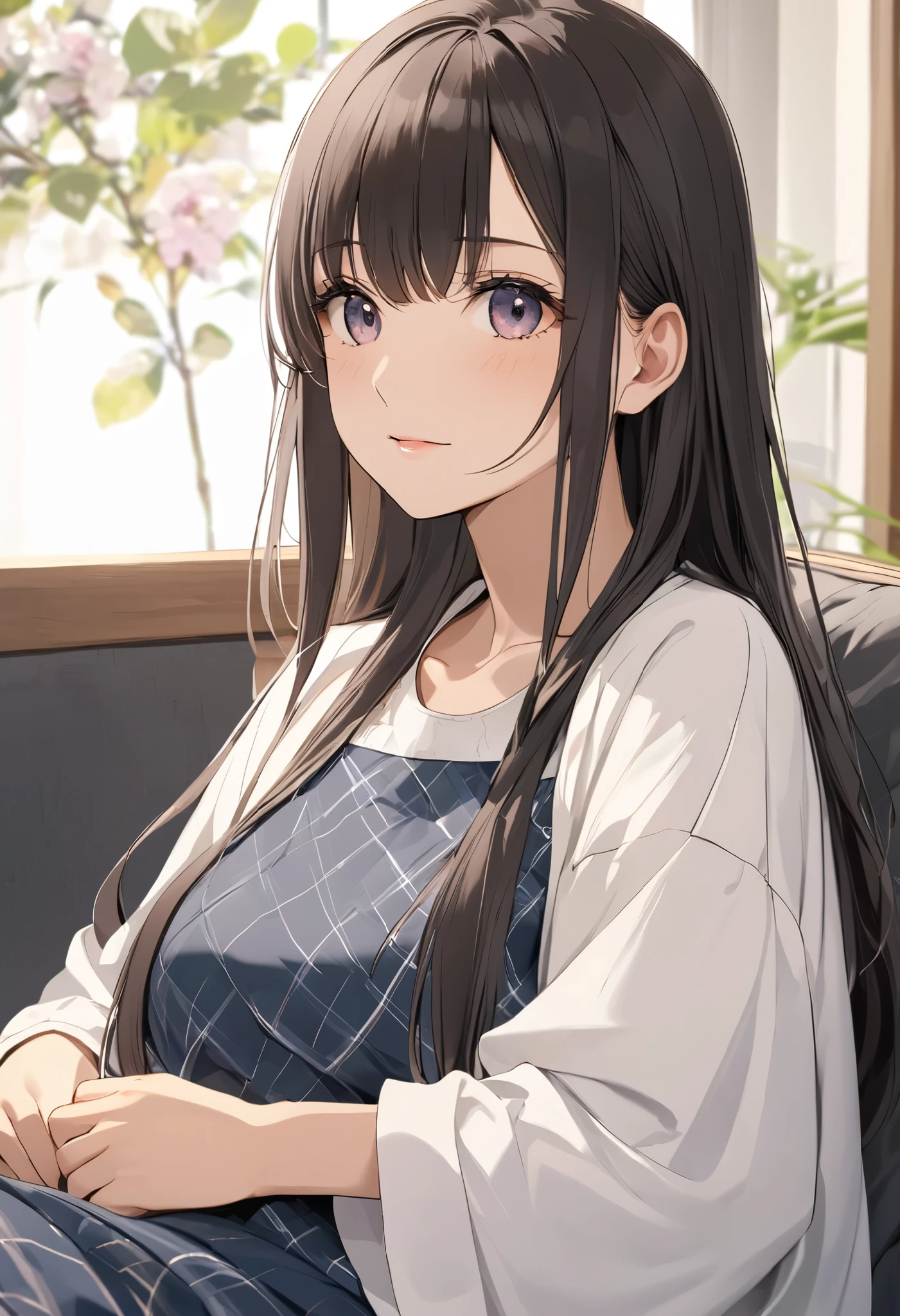 Anime girl sitting on a couch with long hair and blue eyes - SeaArt AI