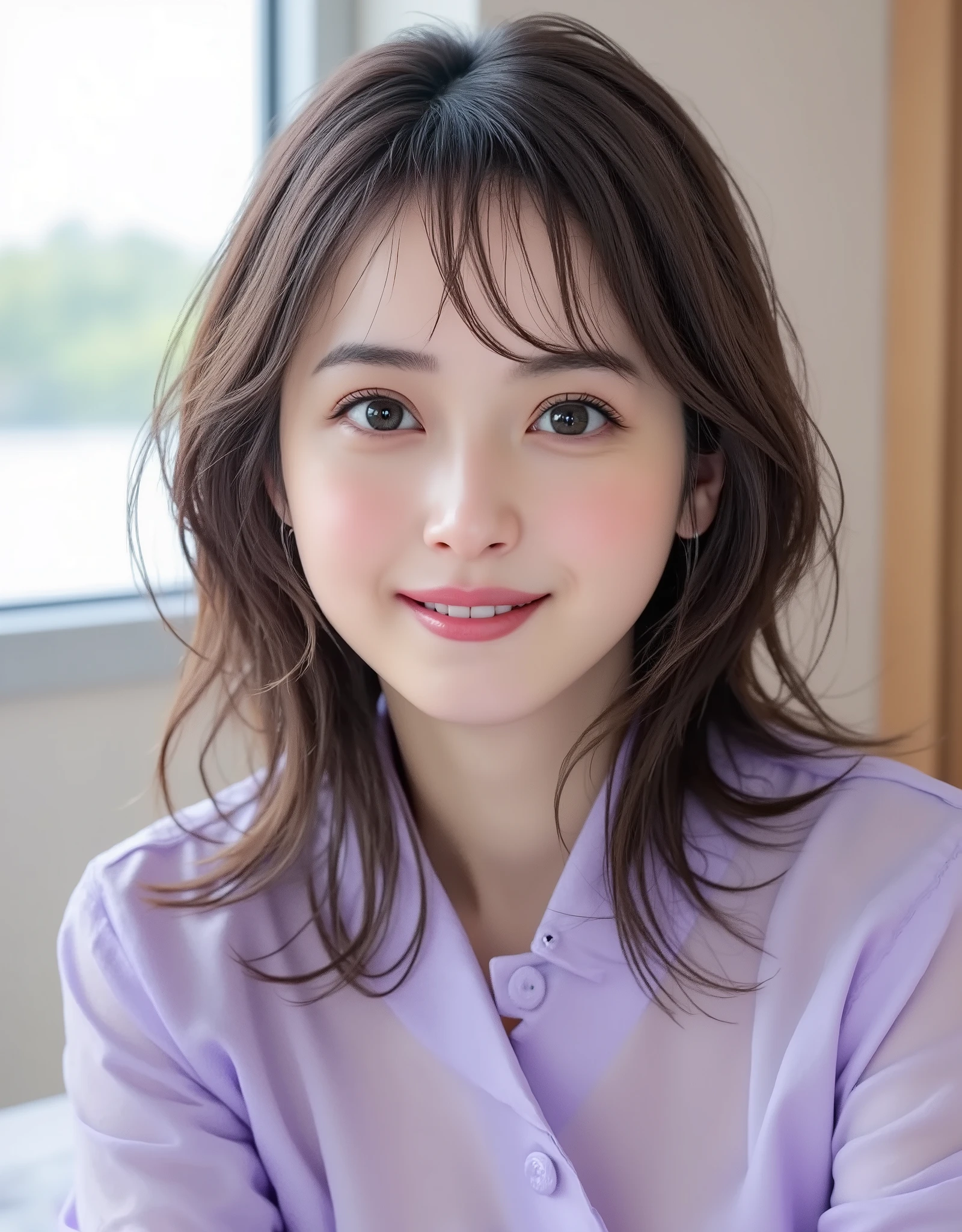 NSFW, (Highest quality), (Ultra-precise CG 16K wallpaper), (Realistic: 1.6), (High saturation), (Sharp), Beautiful detailed shading, Beautiful natural lighting, Beautiful detailed glow, Bright sunlight in the daytime, Natural light, Depth of field, (Mature 24 year old woman, One person: 1.6), (Very beautiful Japanese face), (Sasaki Nozomi), (Soft wavy semi-long hair, Bangs: 1.6), (Shiny black hair), (Sparkling eyes), (C cup size breasts, cleavage: 1.6), (Beautiful breasts), (Beautiful legs), (Beautiful skin), (Not a belly button: 1.6), Beautiful proportions, (Half-open mouth, surprised face: 1.6), (looking at me: 1.6), (Wearing light purple see-through nurse uniform and nurse cap: 1.6), (Wearing glasses), (Sitting pose on bed: 1.6), (Hospital room), (Full screen image:1.6), (image from head to thigh:1.8), (image of a woman seen from the diagonal front:1.6), (woman sitting on a hospital bed:1.8),