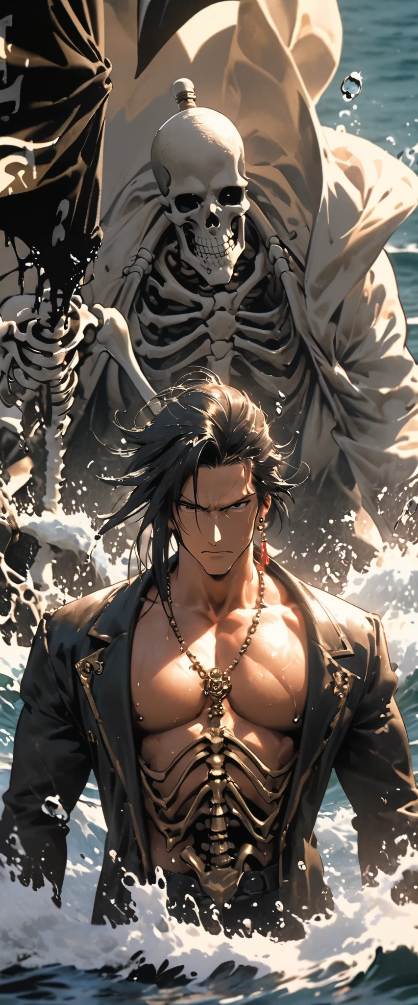 fushiguro toji, muscular male, monster, monstrous, all white eyes, blank stare, insatiable bloodlust, holding a strangely shaped dagger, puffy blue hair, skull mask over mouth, white open coat, tattered blue scarf around neck, powerful, strong, godlike, long white pants, muscular, monster, beast, one man, sole male, 1man, 1 male, one character, hole in chest, hole in stomach, void in stomach, void in chest, see through, one man, one character, long white trenchcoat, ONE MAN