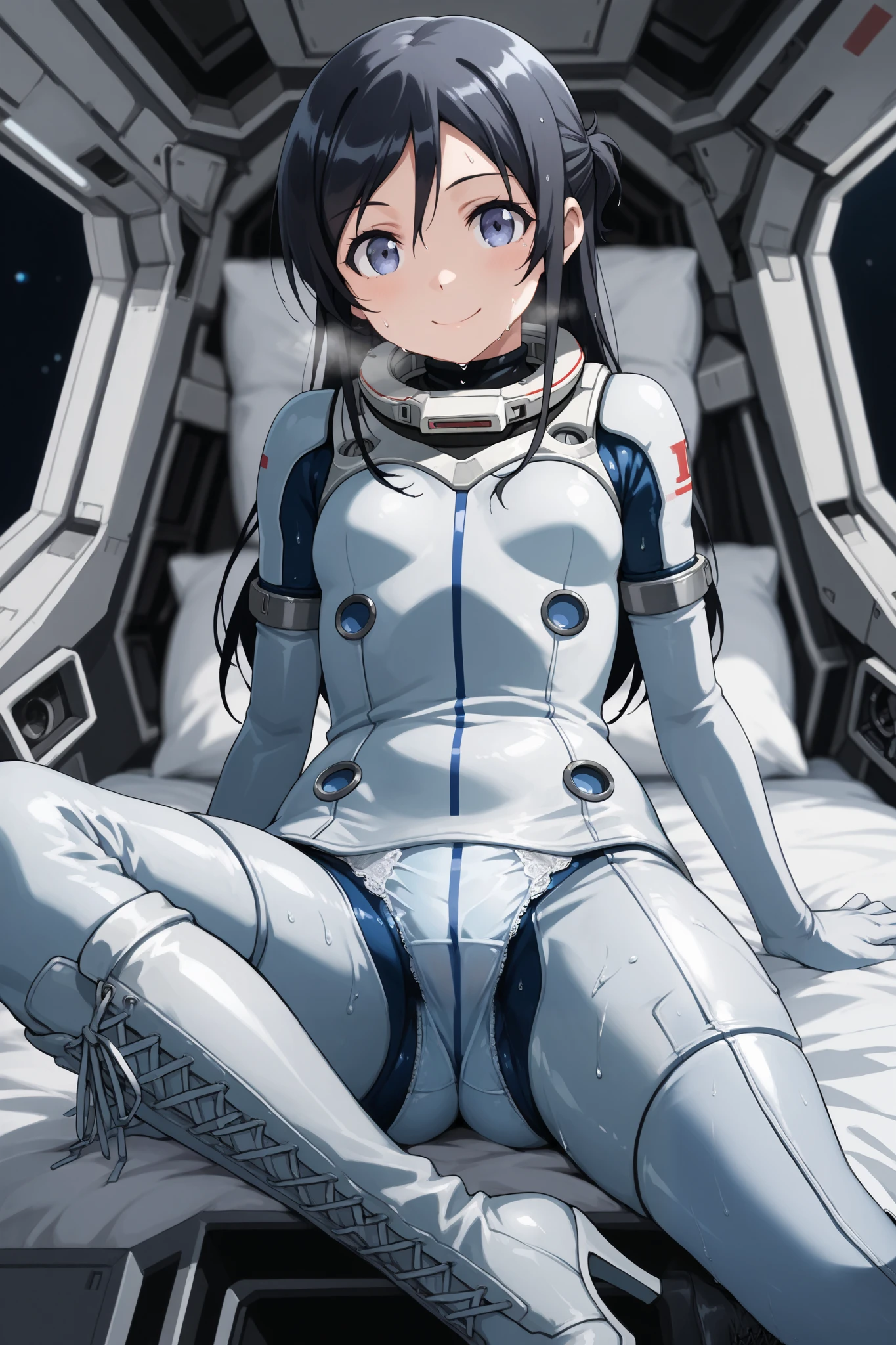 ayase_aragaki,1 female,solo,
I_,wet black hair,long hair,half updo,hair between eyes,blue eyes,
anime,looking at viewer,blurry background,
smile,starship cockpit,
lace up boots,thigh-high boots,spacesuit(1.3),high heels,elbow gloves,
beautiful legs,very thin thighs,thin calves,beautiful face,beautiful skin,small breast,nallow waist,butt close-up,Sweaty,White Breath,I can see her panties,anatomically correct,
highest quality,masterpiece,high definition,soft lighting,
indoors,on bed,bed room,cowboy shot,dutch angle