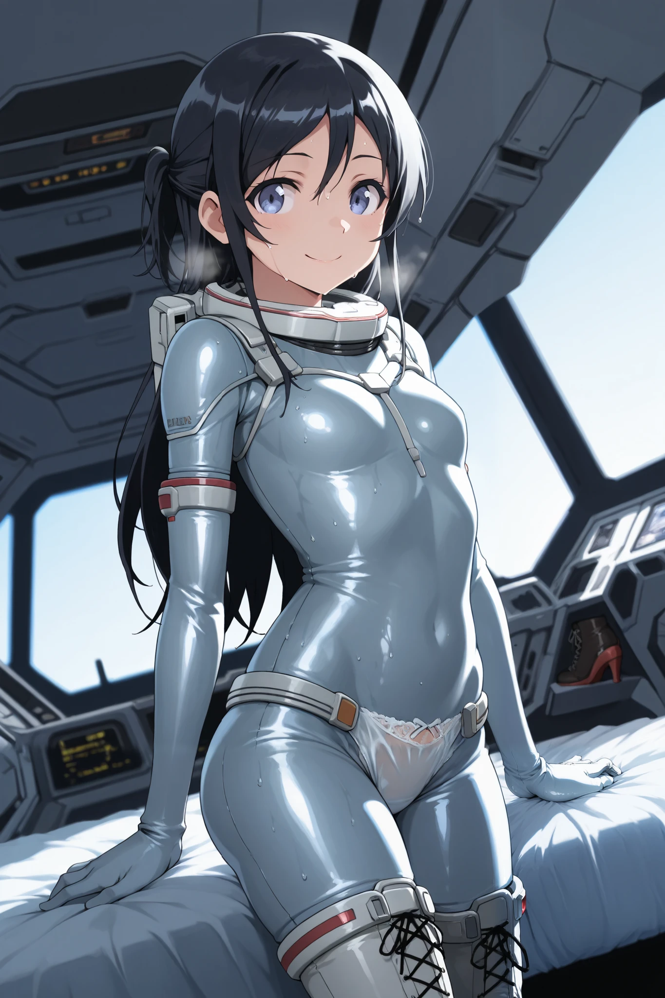 ayase_aragaki,1 female,solo,
I_,wet black hair,long hair,half updo,hair between eyes,blue eyes,
anime,looking at viewer,blurry background,
smile,starship cockpit,
lace up boots,thigh-high boots,spacesuit(1.3),high heels,elbow gloves,
beautiful legs,very thin thighs,thin calves,beautiful face,beautiful skin,small breast,nallow waist,butt close-up,Sweaty,White Breath,I can see her panties,anatomically correct,
highest quality,masterpiece,high definition,soft lighting,
indoors,on bed,bed room,cowboy shot,dutch angle