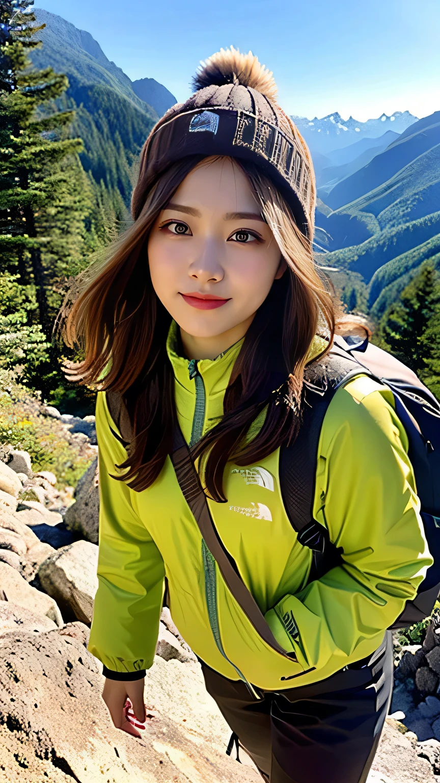 (background, Magnificent Snow Mountain views):1.3, ( Snow Mountain :1.37), (8k, RAW photo, 最 High Quality , Masterpiece:1.2), ( realistic, photo- realistic:1.37), more details, High Quality , professional lighting , ultra delicate face {x} physics-based rendering of a 20 year old woman, ( 1 girl:1.3), ( Japanese girl ), mountaineer, mountaineer, ( semi-long hair in string pants, thick brown hair), ( Ultra Realistic Faces:1.2), ( walking along a mountain path , Super beautiful poop, Super delicate eyes, Highly Detailed Nose, more detailsな口), ( mountaineering jacket(thenorthface ), mountaineering clothing, mountaineering, Trekking pants, knitted hat), ( carrying a backpack ), ( ), From the front, full body shot