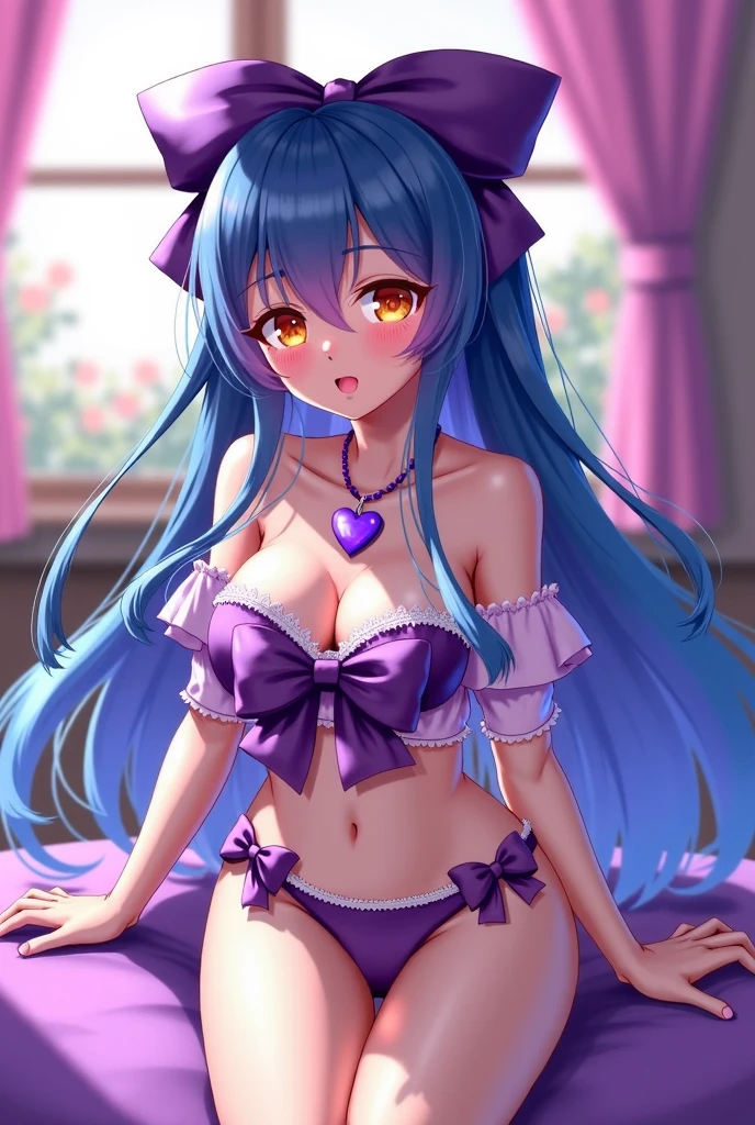 ((high detailed, best quality, 4k, masterpiece, hd:1.3)), ((best quality)), (((HD))), (((8k))), (ultraDH), (ultra HD), purple eyes, BREAK purple eyes, seductive, attractive, smooth anime cg art, 36C breasts, long legs, vivid colors, slim body, perfect skin, blue hair, long hair, light hair, blue hair, cleavage, 36C cleavage, looking at viewer, BREAK looking at viewer, extremely detailed face, earrings, gem, dark pink makeup lips, dark gothic eyeshadows, dark eyeshadows, white eyeshadows, pink sexy lips, dark lips, very dark lips, (perfect hands, perfect anatomy), light makeup, pink medium lips, pink thick lips, detailed fingers, five fingers per hand, 5 fingers, (1 girl), detailed lips, detailed pink lips, pink painted lips, gothic painted lips, (breast focus), (arms outstreched:1.2), (from above:1.1), (breasts out:1.3), (off shoulder:1.1),