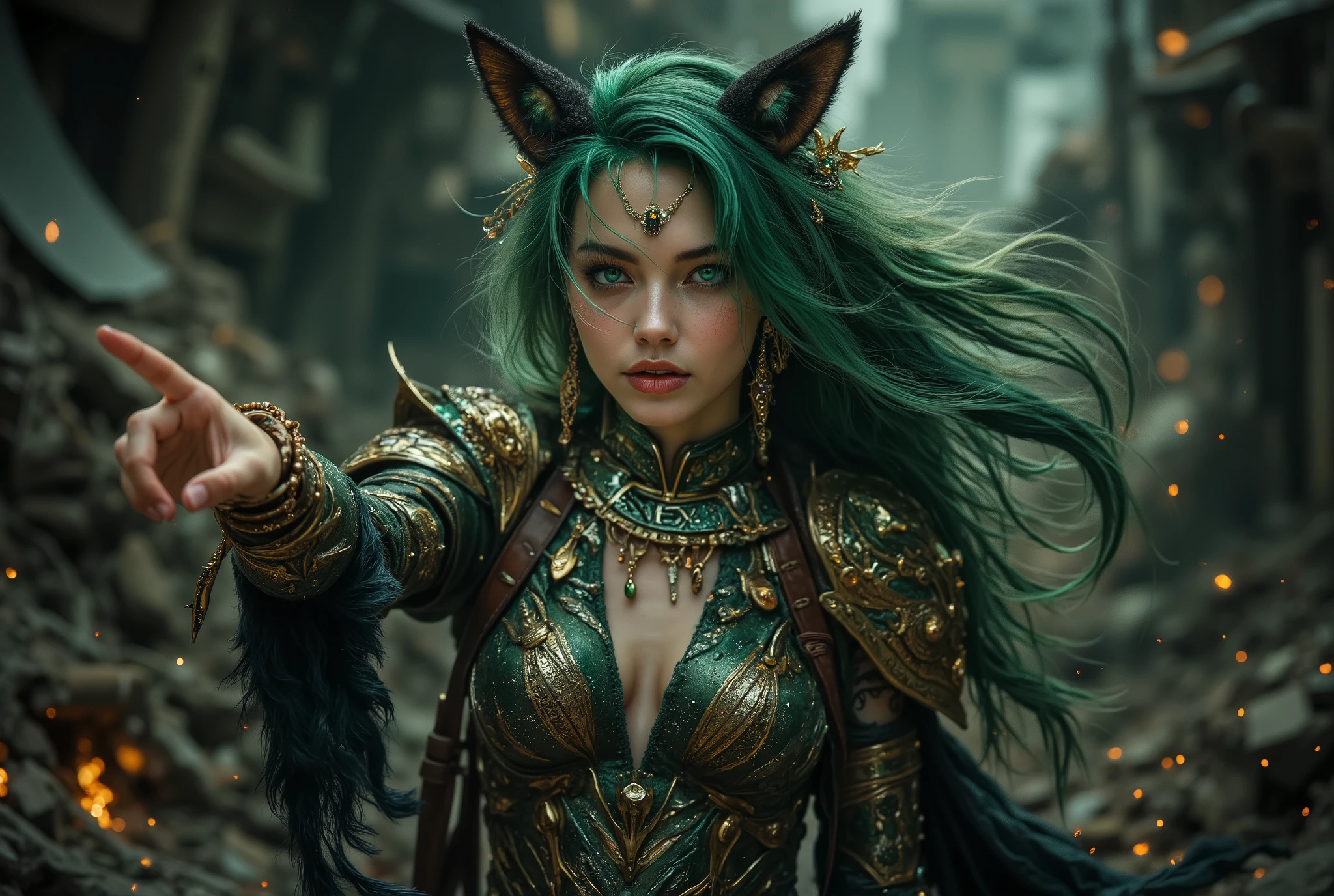  mystical-faced female figure with ears resembling a fox .  His hair is a beautifully unraveled green ,  adorned with intricate and shimmering accessories . Illuminating green eyes give a magical or supernatural impression . She wore a metal-encrusted war dress full of artistic detail,  blending green and gold ,  with motifs that reinforce fantasy themes . His hand is pointing ,  creating dramatic effects and affirming the character as a controller of the power of the wind element. Surrounding surroundings such as collapsed buildings look dark and glowing,  amplifies the mystical atmosphere .