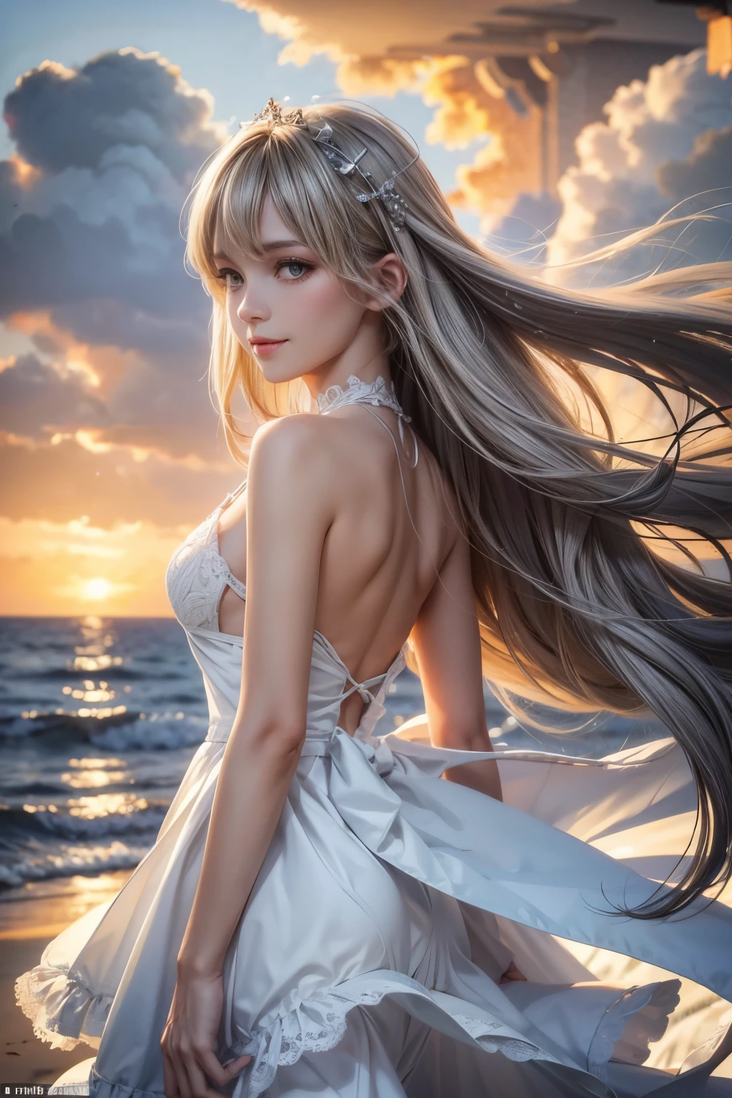 1 Girl, blonde hair, gray hair, long hair, bangs, sparkling eyes, long eyelashes, eyes shine, Compensate, smile, written boundary depth, from below, silhouette, from behind, wide shot, f/1.4, 135mm, Canon, nffsw, retina, Accurate, anatomically correct, rough skin, Super detailed, advanced details, high quality, 最high quality, High resolution, 8k, (Woman walking on the beach at sunset), Backlit silhouette, (transparent white lace dress), ((A silhouette of the body is visible through the light.)), (hair blowing in the wind), (Skirt soars in the wind)