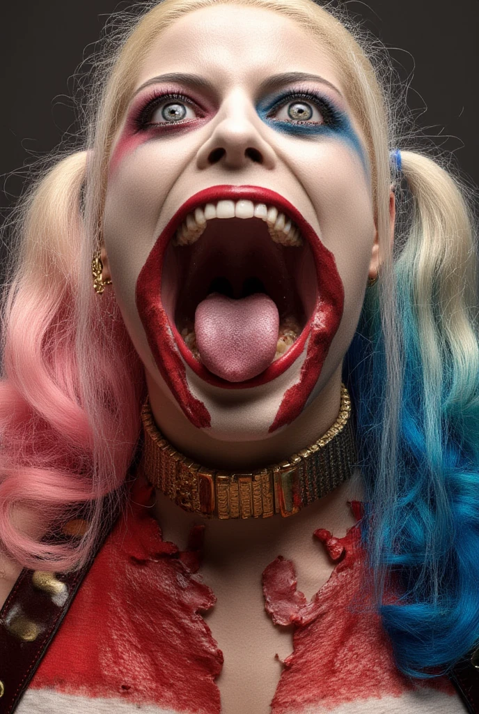 Harley Quinn opens her mouth wide showing you her uvula and super thick slimy and very meaty white Tongue with a sensual expression on her face