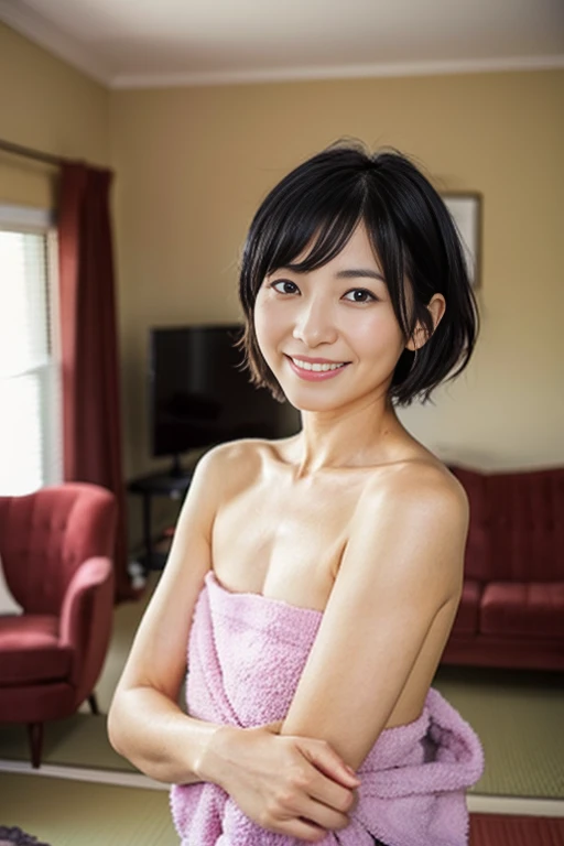 A beautiful Japanese woman in her thirties with short hair was standing there with a large blue towel wrapped around her entire body, looking down at me, smiling and asking questions. Focal length 100mmf/2.8, spring evening, sunny, living room on the upper floor of a high-rise apartment, well-shaped face, damp hair, toned body, moisturized skin, after shower, naked under a large blue towel, wrapped in a blue towel Concealing the naked body, close-up of eyes, realistic feeling, 8K image quality, highest quality.