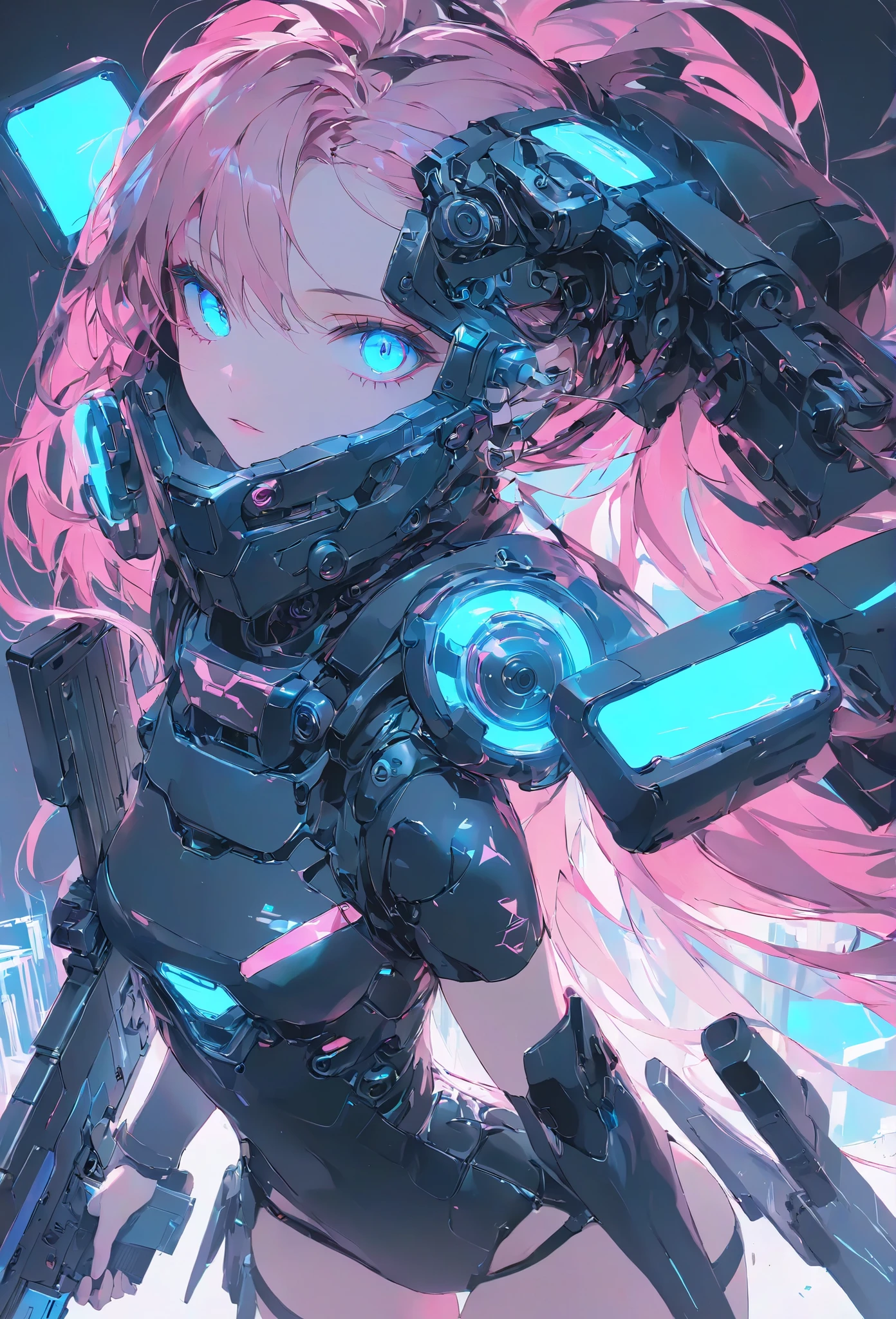 Masterpiece, high quality, high definition, high resolution, high sensitivity, depth, 16k, Makoto Shinkai illustration, ultra fine, surreal, digital painting, neon color, cyberpunk, science fiction, one girl, small breasts, beautiful face, beautiful legs, long eyelashes, fair skin, blue eyes, slit eyes, blue glowing eyes, pink ponytail, black mechanical suit, black body armor, fluorescent glowing suit, mechanical hair piece, head mounted display, futuristic firearms, lever action, gun held forward, anatomically accurate handle, muzzle facing viewer (muzzle: 1. 1) Cinematic angle.