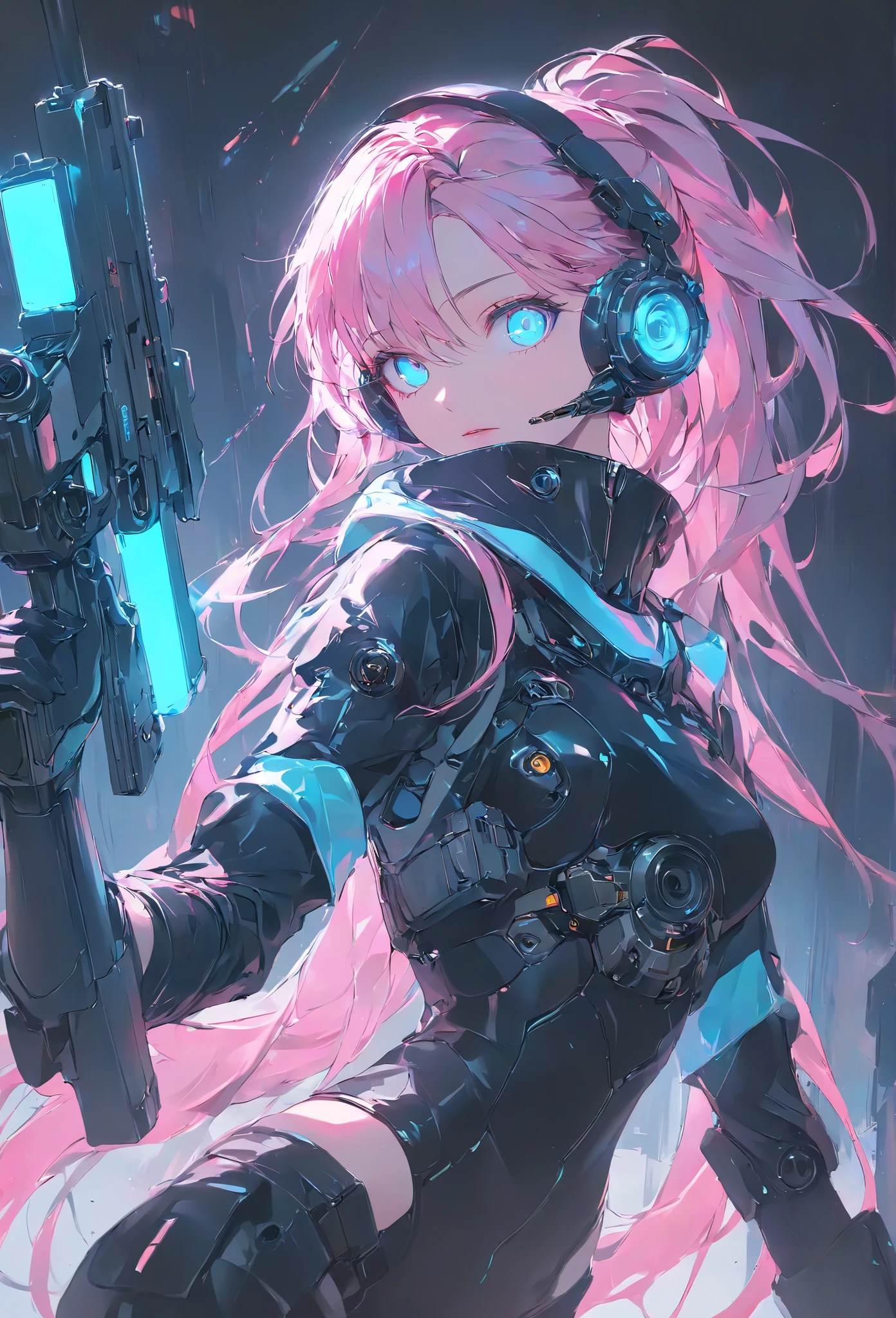 Masterpiece, high quality, high definition, high resolution, high sensitivity, depth, 16k, Makoto Shinkai illustration, ultra fine, surreal, digital painting, neon color, cyberpunk, science fiction, one girl, small breasts, beautiful face, beautiful legs, long eyelashes, fair skin, blue eyes, slit eyes, blue glowing eyes, pink ponytail, black mechanical suit, black body armor, fluorescent glowing suit, mechanical hair piece, head mounted display, futuristic firearms, lever action, gun held forward, anatomically accurate handle, muzzle facing viewer (muzzle: 1. 1) Cinematic angle.