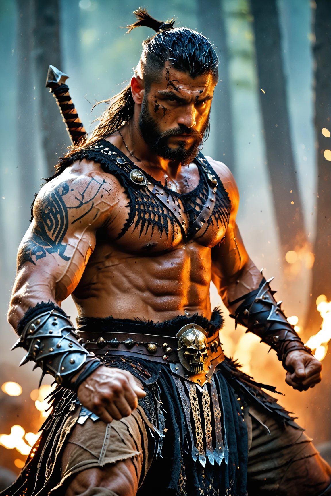 Shango orisha male muscle handsome longhair background volcano, holding two axes