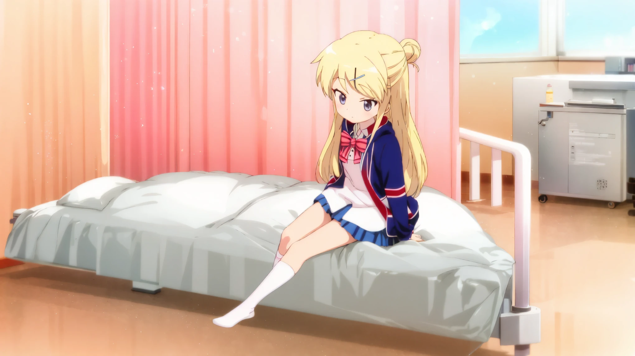 Anime girl sitting on bed in room with pink curtains, Anime Best Girl, Ecchi anime style, sitting on a bed, beautiful anime high school girl, Anime girl named Lucy, sitting on her bed, the anime girl is crouching, Cute anime girl, Sitting on the bed, blonde anime girl with long hair, pretty anime girl, (Anime Girl)