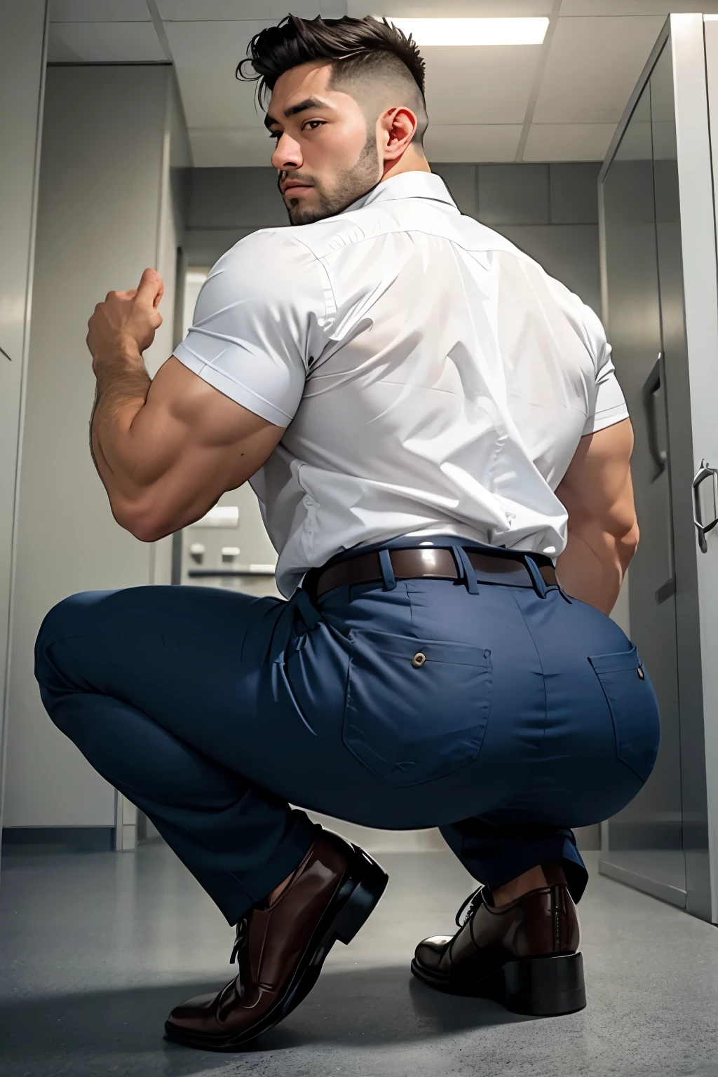 45-year-old mature man, professor with glasses, gray hair, very handsome, Big body very muscular, very butt, with tight dress pants and suspenders, backside