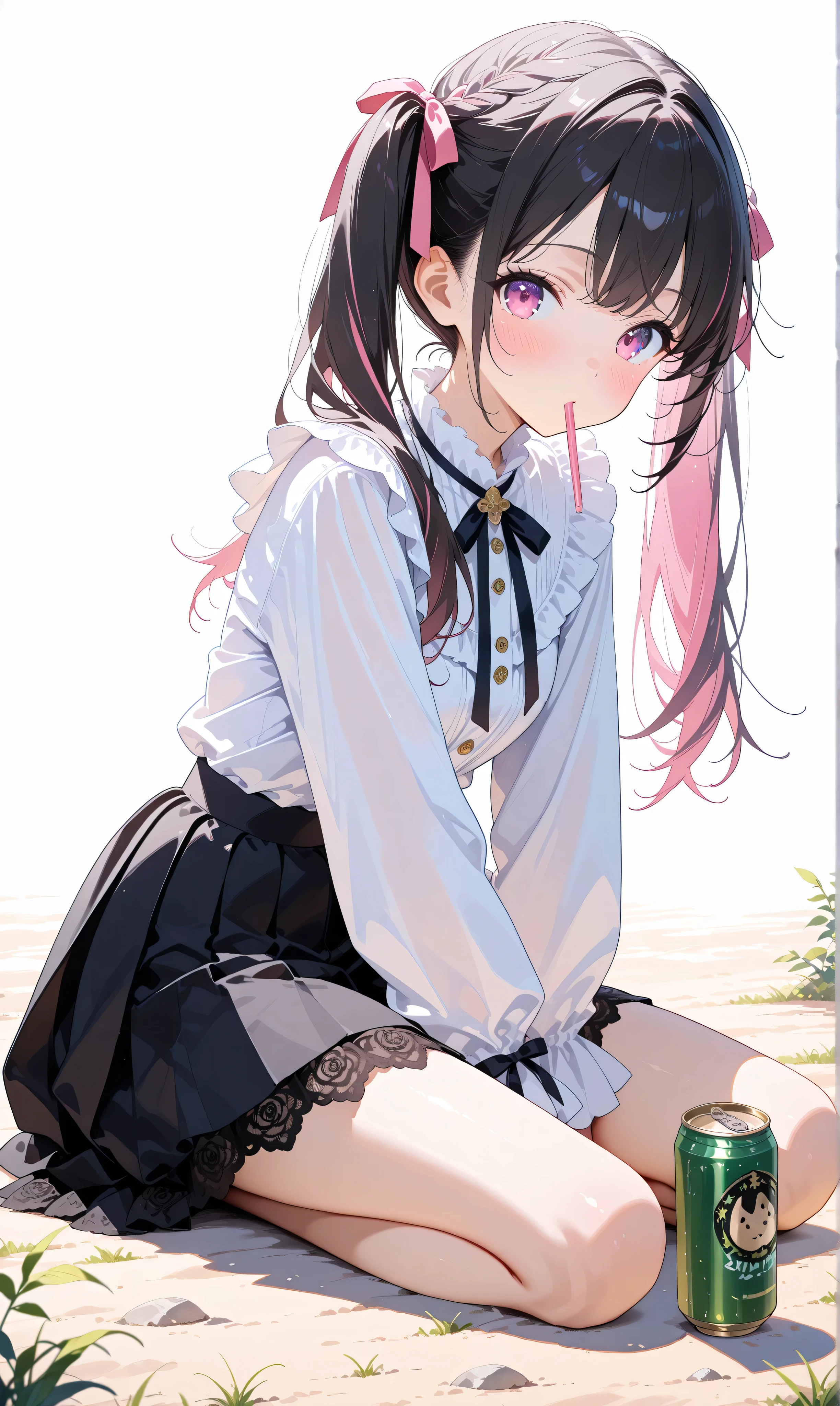 (Watercolor: 0.5), (Pastel: 0.5), 1 girl, black hair with pink blurred highlights, long twin tails, sitting on the ground, soft blush, tilting head, pink frilly blouse, black pleated skirt, ribbon accent, black lace trim, pink and black aesthetic, cute Japanese fashion, white minimalist background, looking at viewer, drinking from can with straw, holding a drink can, full body view. , beautiful, masterpiece, high quality, 4K UHD, ridiculous