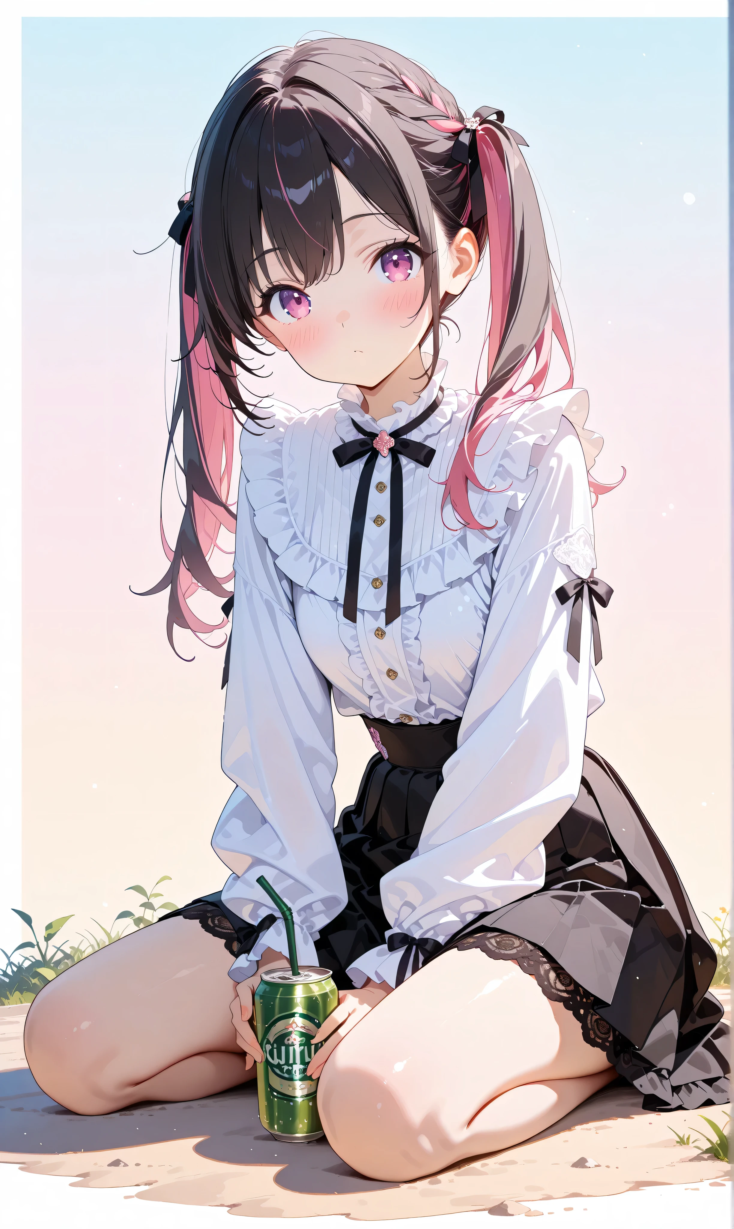 (Watercolor: 0.5), (Pastel: 0.5), 1 girl, black hair with pink blurred highlights, long twin tails, sitting on the ground, soft blush, tilting head, pink frilly blouse, black pleated skirt, ribbon accent, black lace trim, pink and black aesthetic, cute Japanese fashion, white minimalist background, looking at viewer, drinking from can with straw, holding a drink can, full body view. , beautiful, masterpiece, high quality, 4K UHD, ridiculous