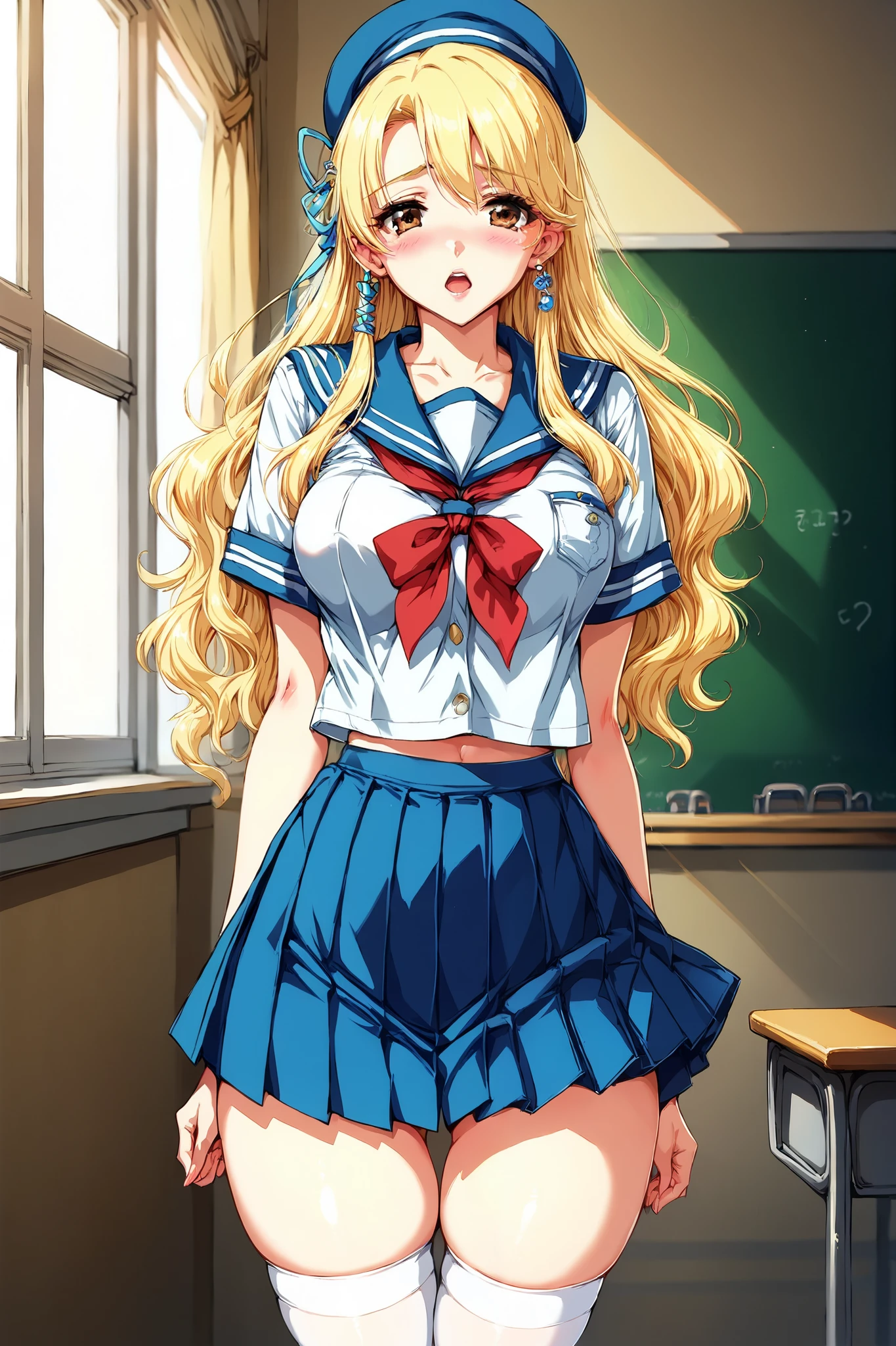 score_9, score_8_up, score_7_up, 1girl, long hair, blonde hair, brown eyes, curtained, curvy body, sailor style, pleated skirt, classroom, blush, moan, horny, slutty, solo, good anatomy, thigh high sock