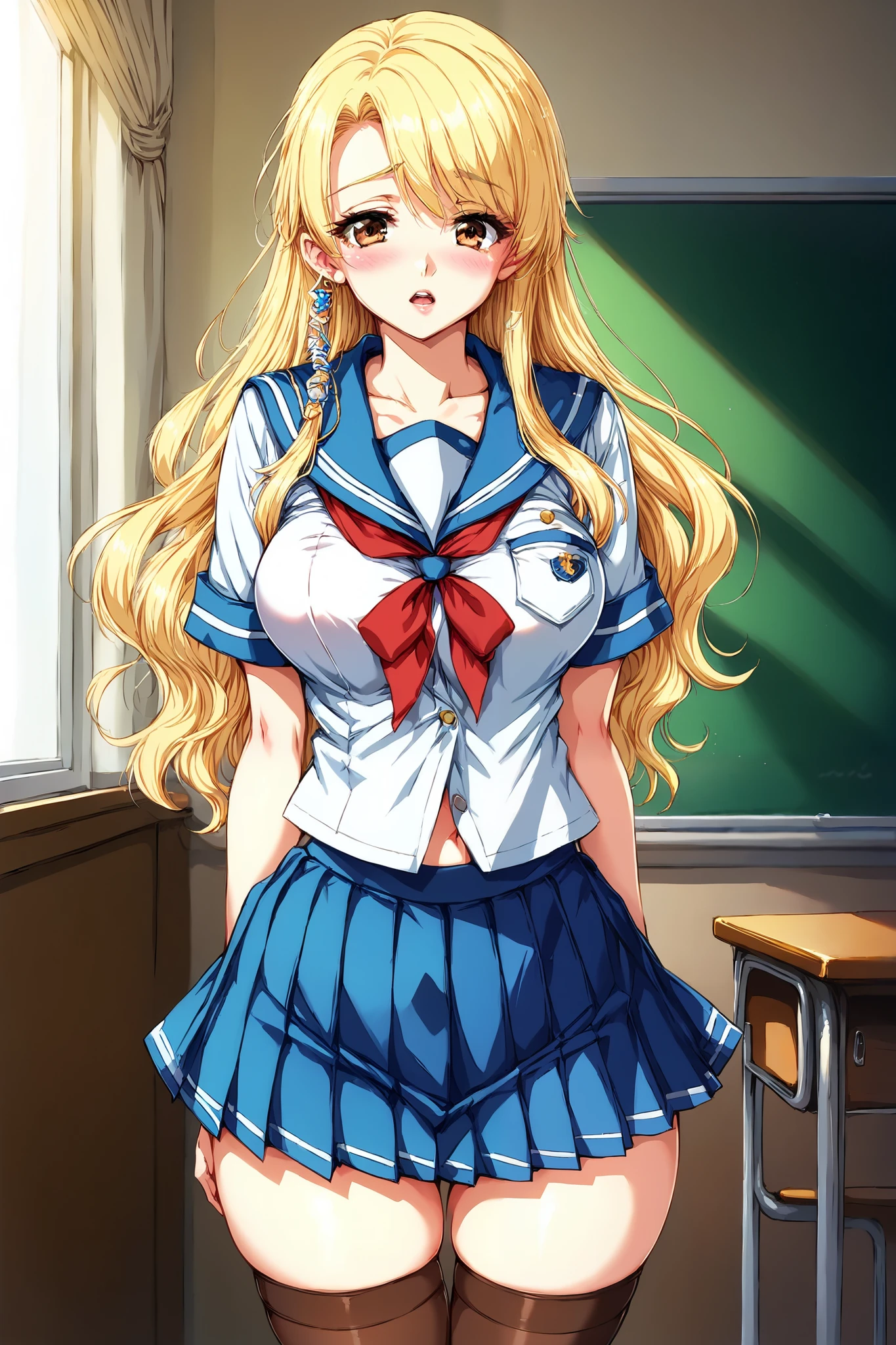 score_9, score_8_up, score_7_up, 1girl, long hair, blonde hair, brown eyes, curtained, curvy body, sailor style, pleated skirt, classroom, blush, moan, horny, slutty, solo, good anatomy, thigh high sock