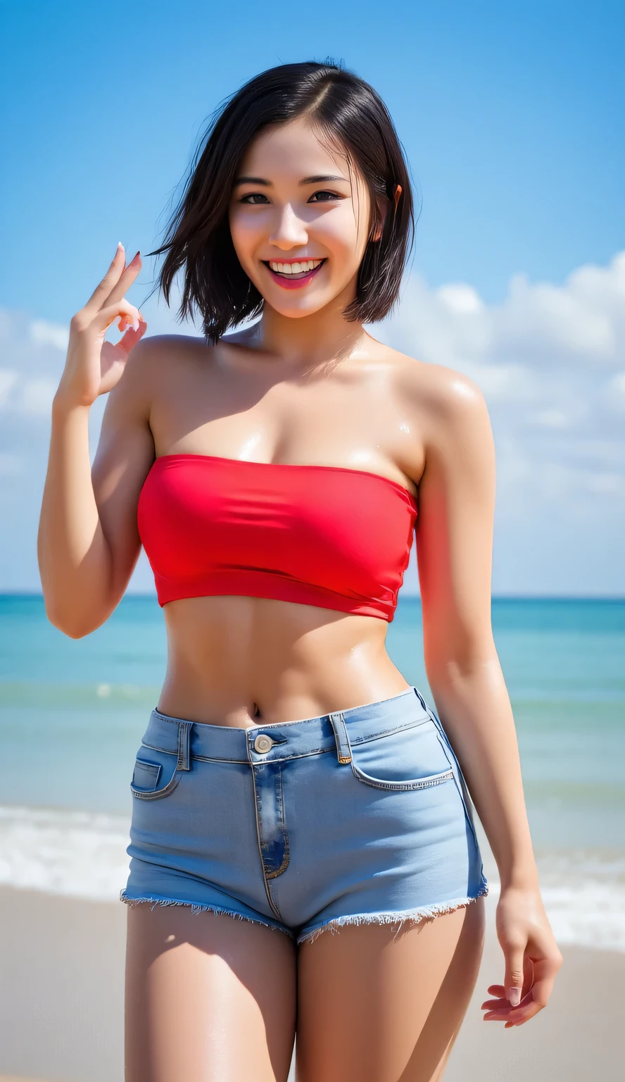 a female student , is playing on the beach , faces facing camera, using a red strapless bikini top, using denim mini pants , wet whole body , happy laughing face , big and round boobs