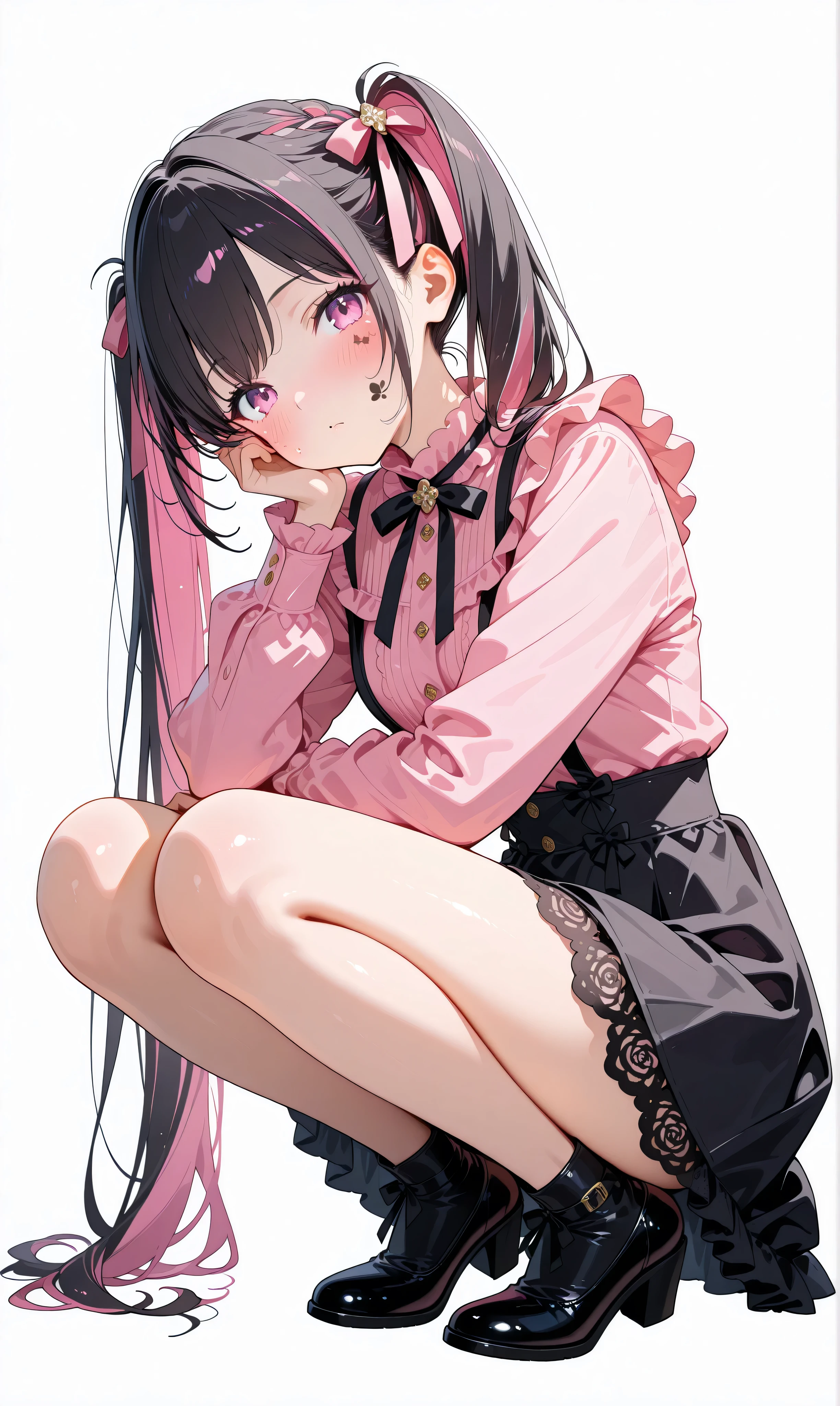 (watercolor:0.4), (pastelcolor:0.6), 1girl, jet black hair with subtle pink highlights, long flowing twintails tied with bows, crouching position with relaxed posture, warm blush on cheeks, slight head tilt to the side, pastel pink ruffled top paired with a sleek black suspender skirt featuring lace accents and ribbons in a harmonious pink-black palette, simple white backdrop emphasizing character focus.
