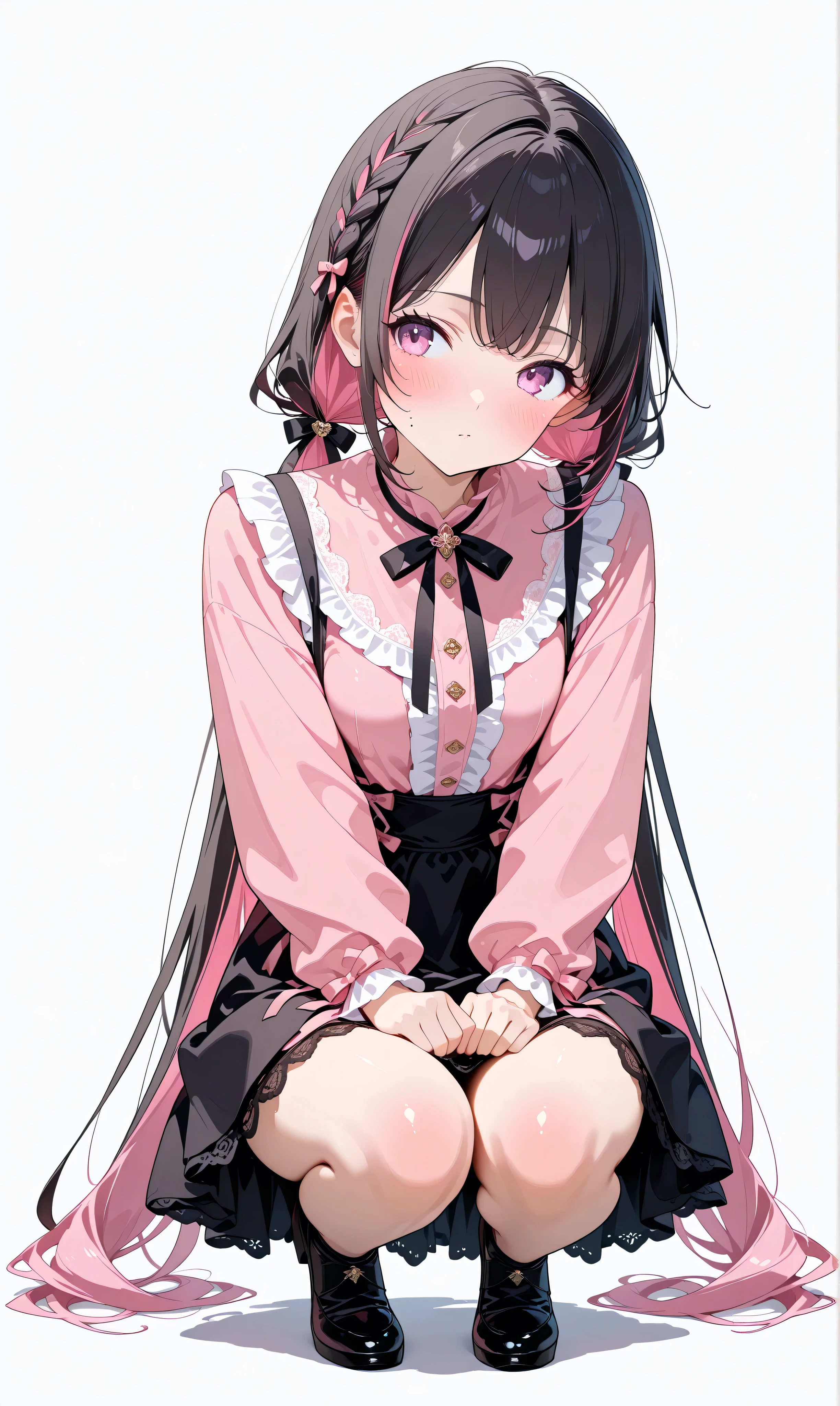 (watercolor:0.4), (pastelcolor:0.6), 1girl, jet black hair with subtle pink highlights, long flowing twintails tied with bows, crouching position with relaxed posture, warm blush on cheeks, slight head tilt to the side, pastel pink ruffled top paired with a sleek black suspender skirt featuring lace accents and ribbons in a harmonious pink-black palette, simple white backdrop emphasizing character focus.