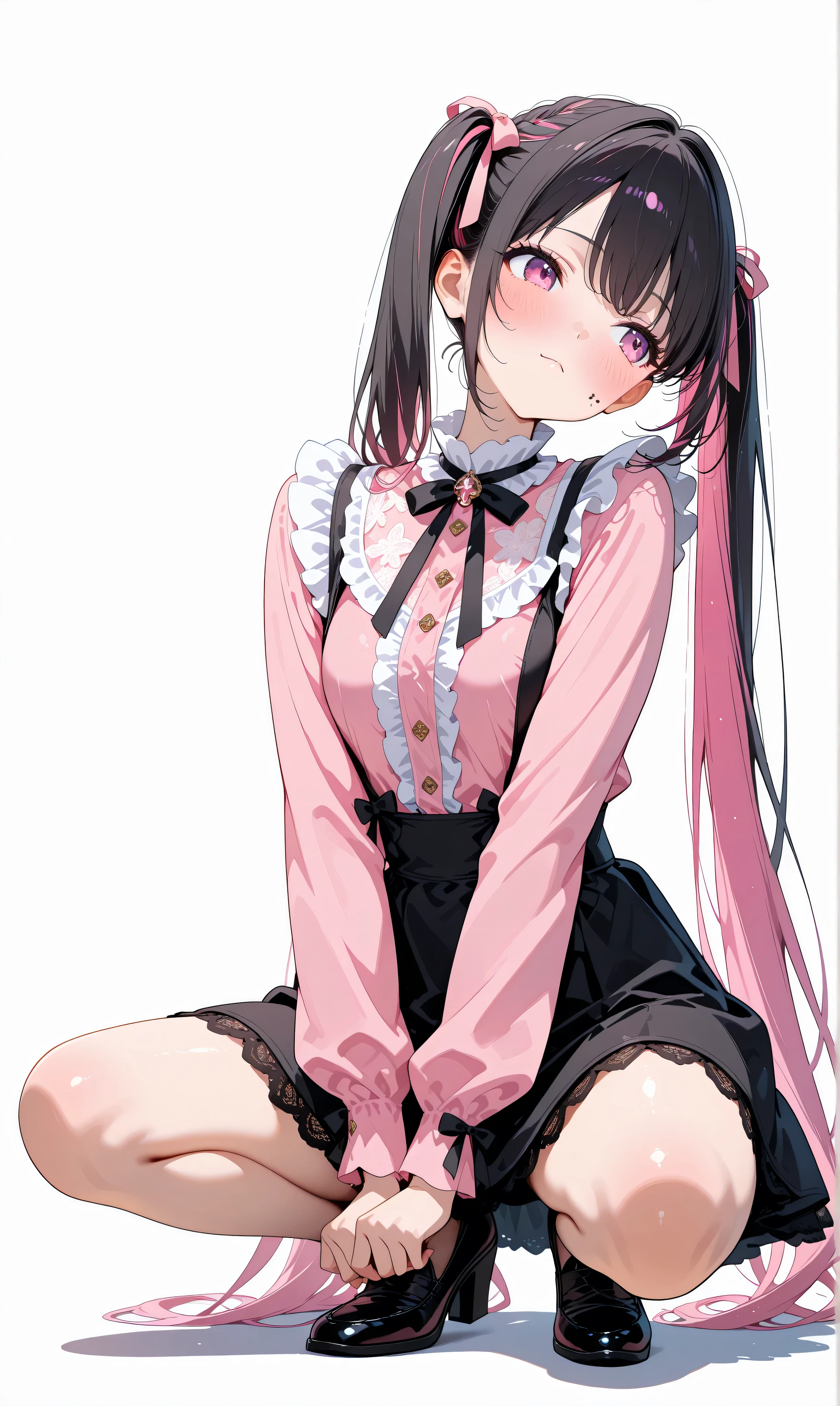 (watercolor:0.4), (pastelcolor:0.6), 1girl, jet black hair with subtle pink highlights, long flowing twintails tied with bows, crouching position with relaxed posture, warm blush on cheeks, slight head tilt to the side, pastel pink ruffled top paired with a sleek black suspender skirt featuring lace accents and ribbons in a harmonious pink-black palette, simple white backdrop emphasizing character focus.
