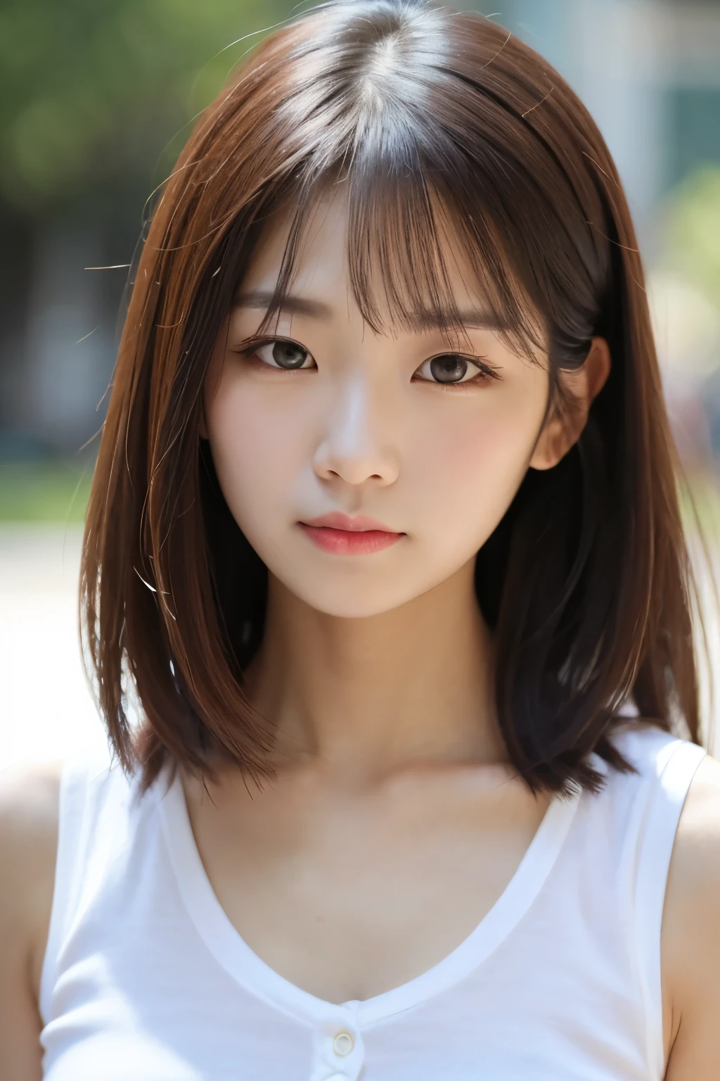 ((cute little日本の女の子、Beautiful japanese girl、1 girl in、age19、Highly detailed facial and skin texture、refinement、hyperdetailed face、ultradetailed eyes、blusher、blush、teak、teakを塗ったピンクの頬、close-up of woman、bustup、frontage、cute little、smooth white skin、Transparent skin texture、))、(dark brown  hair、bangss)、Looking at the camera、Beautiful Women in Perfect Style：1.4、Japanese Models、Young gravure idols、若いcute littleグラビアアイドル、Realistic Young Gravure Idol、refinementされたグラビアアイドル、((top-quality、in 8K、​masterpiece:1.3))、(4K、Raw photography、top-quality)、(reallistic、フォトreallistic:1.37)、Place a person on the other side of the screen、natural soft light、poneyTail、upper body and head、refinement、