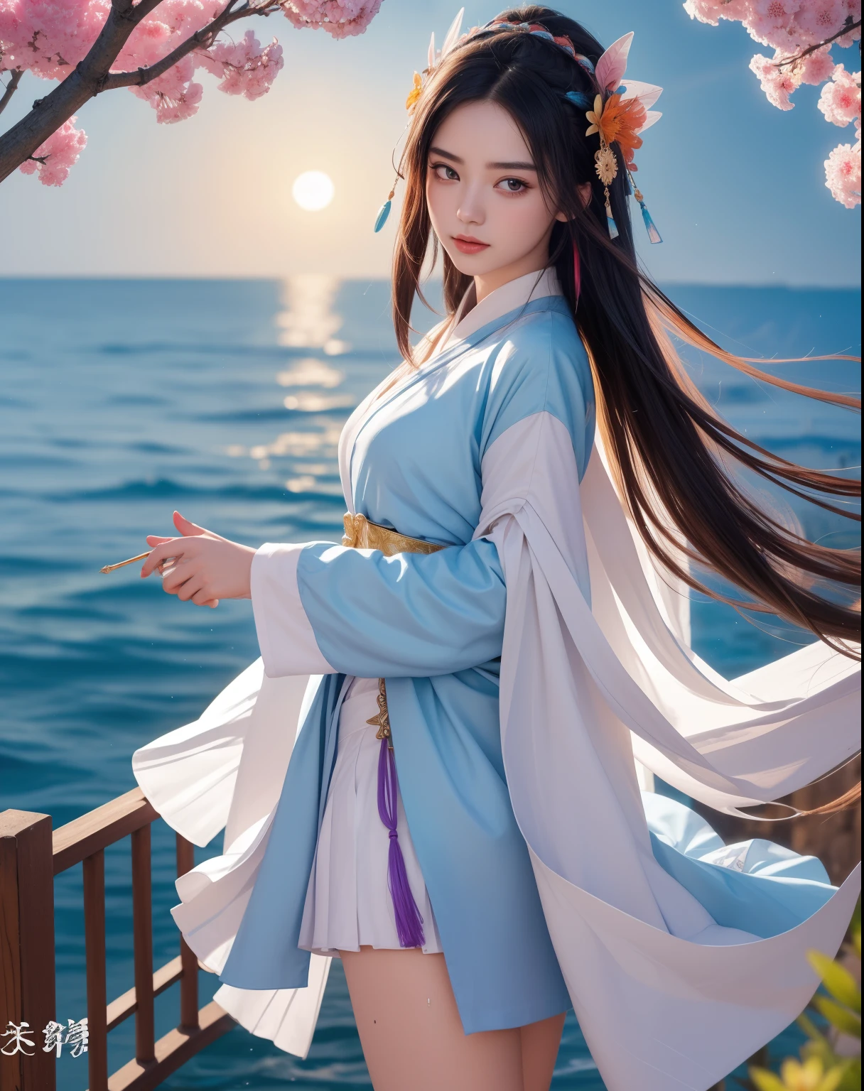 (8k, RAW photo:1.2), best quality, ultra high res,dramatic angle,(fluttered detailed color splashs), (illustration),(((1 Girl))),(long hair),(rain:0.9), (Headdress:1.4),There is an ancient palace near the young girl,Hanfu,(Key Points),Colorful ink painting,(Splashing colors),Splashing colors,(((colorful))),(sketch:0.8) , Masterpiece, best quality, beautiful painted, highly detailed,(denoising:0.6),[splash ink],((ink refraction)), (beautiful detailed sky),moon,highly,detaild,(masterpiece, best quality, extremely detailed）  CG Unity 8k Wallpaper ， masterpiece， best quality， super detailed），（Lycoris），