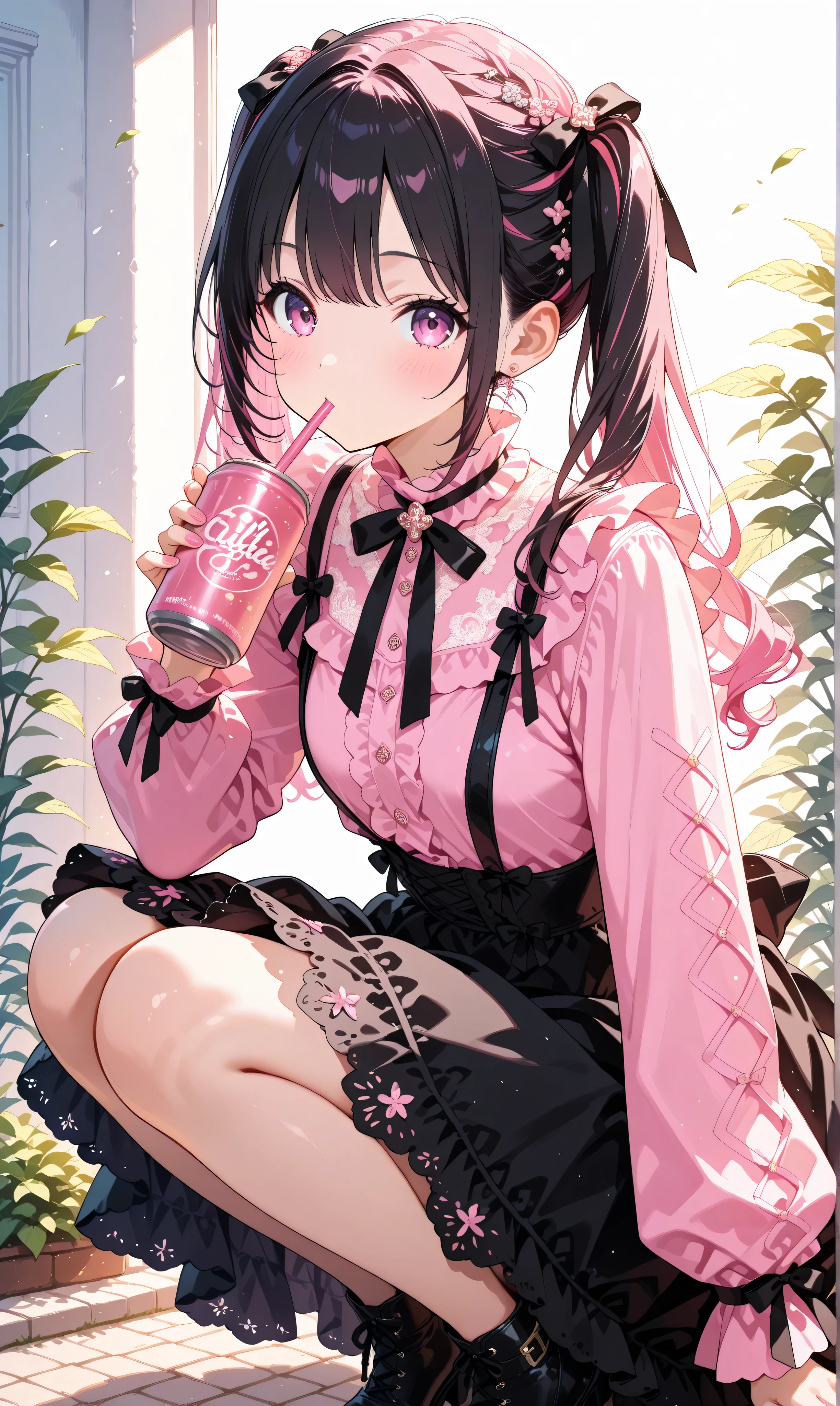 (watercolor:0.5), (pastelcolor:0.5), 1girl with glossy black hair and vibrant pink tips styled in twintails secured by bows, squatting casually while sipping from a can through a straw held delicately in one hand, wearing a stylish pink blouse adorned with ruffles and paired with a chic black suspender skirt featuring elegant lace details and ribbon embellishments in a cohesive pink-and-black theme.