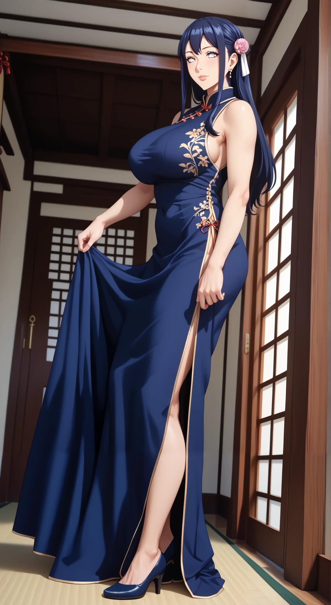 (Ultra-realistic 8k CG: 1.2), perfect artwork, delicate patterns, intricate details, (unparalleled masterpiece, best quality: 1.2), (extremely complex: 1.2), a woman in a blue and gold dress, (sitting on a blue bed), hips up, makeup, blush, shyness, white hair, looking down, cosmetics, (forehead point), (2 red candles), Chinese_clothes, curtains, earrings,hanfu, interior, jewelry, blue nails, long_sleeves, blue dress, red lips, tassels, (red quilt), (red palace: 1.2), (ancient Chinese architecture), (blue: 1.8), night,(Full Body:1.5),(cute face:1.3),(huge breasts:1.3),(high-heels:1.3),(big hips1.3),(medium thighs:1.3)
