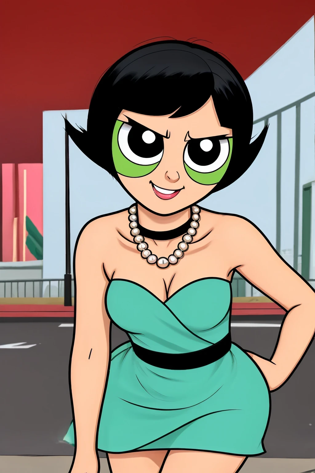 1 girl, Solo, age, Black hair, Short black hair, Medium Hair, Bob Hair, Green eyes, Strapless, Little Black Dress, Off-the-Shoulders dress, pearl necklace, Smile, the Mexican city street, Sexy, masterpiece, High quality, cartoon style. Powerpuff style, looking at viewer, cartoon style. sexy