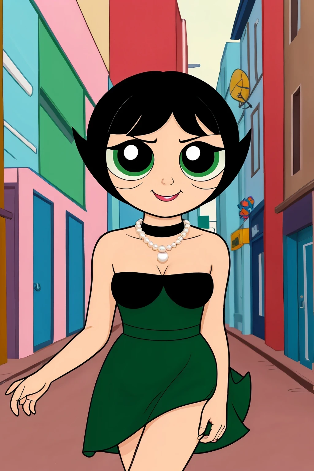 1 girl, Solo, age, Black hair, Short black hair, Medium Hair, Bob Hair, Green eyes, Strapless, Little Black Dress, Off-the-Shoulders dress, pearl necklace, Smile, the Mexican city street, Sexy, masterpiece, High quality, cartoon style. Powerpuff style, looking at viewer, cartoon style. sexy