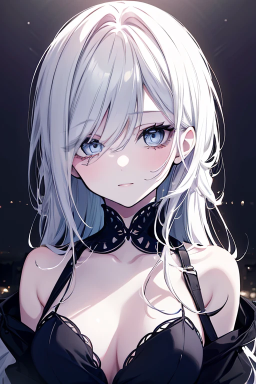 masterpiece, highest quality, (solo focus), (perfect face:1.1), (high detail:1.1),dramatic, perfect breasts, 1girl, (pale skin), long white hair, white eyes, solo, long hair, moon, night vampire, fangs, open mouth, pouty lips, victorian city, detailed background, gothic renaissance, cinematic lighting, detailed iris, sparkle eyes, star in eyes, enchanting red eyes, (multicolored eyes), (shining dust), (heterochromia), (messy hair:1.3), (hair between eyes), (hair over one eye), (wavy hair:1.1), nude, completely nude
